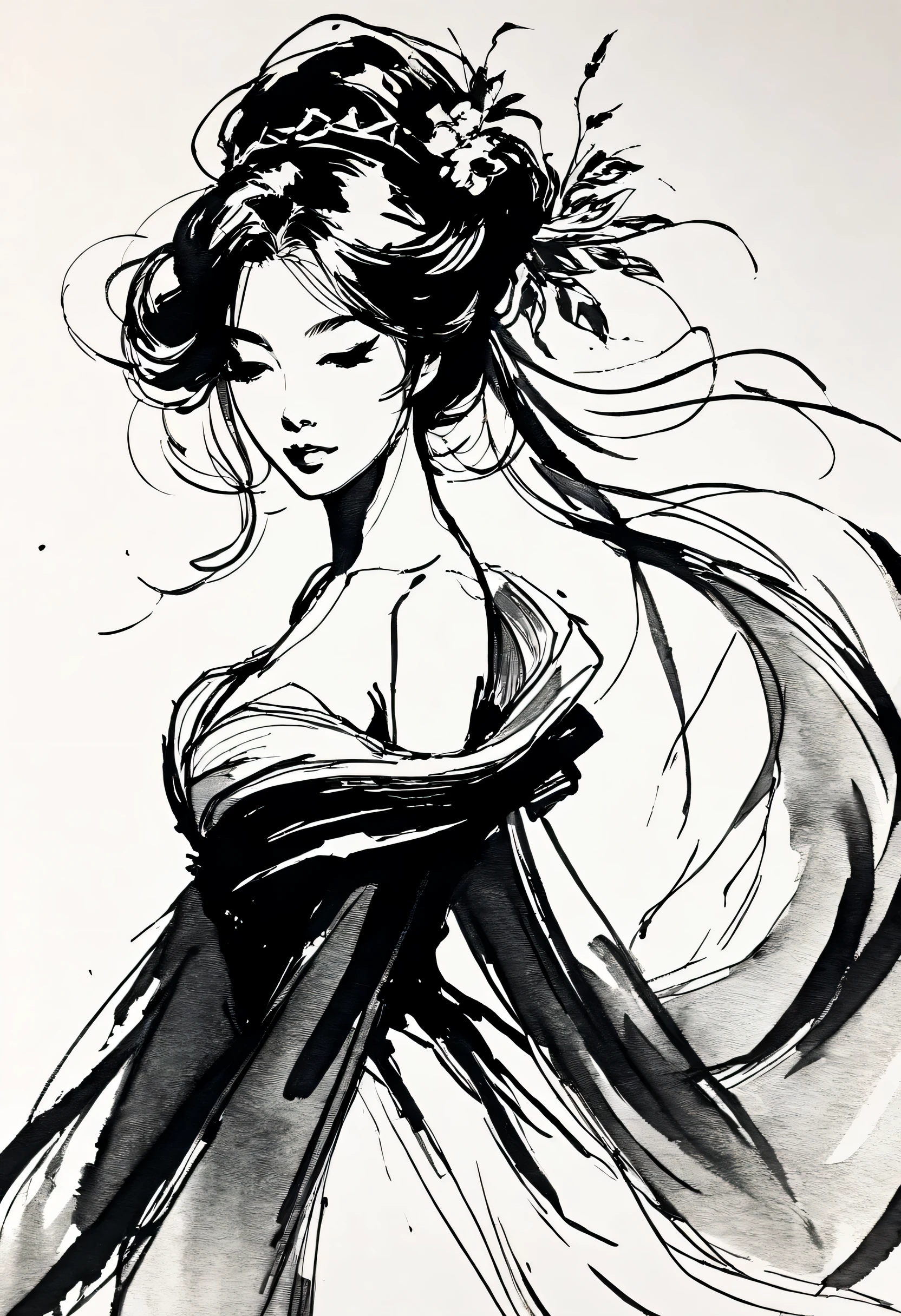 Elegant girl，black and whiteink画，pen sketch，Loose brushstrokes，Pen outlines delicate lines，Smooth movements，微妙的ink色调，elegant gesture，calm expression，Exquisite facial features，ink，soil，black and white，Clean