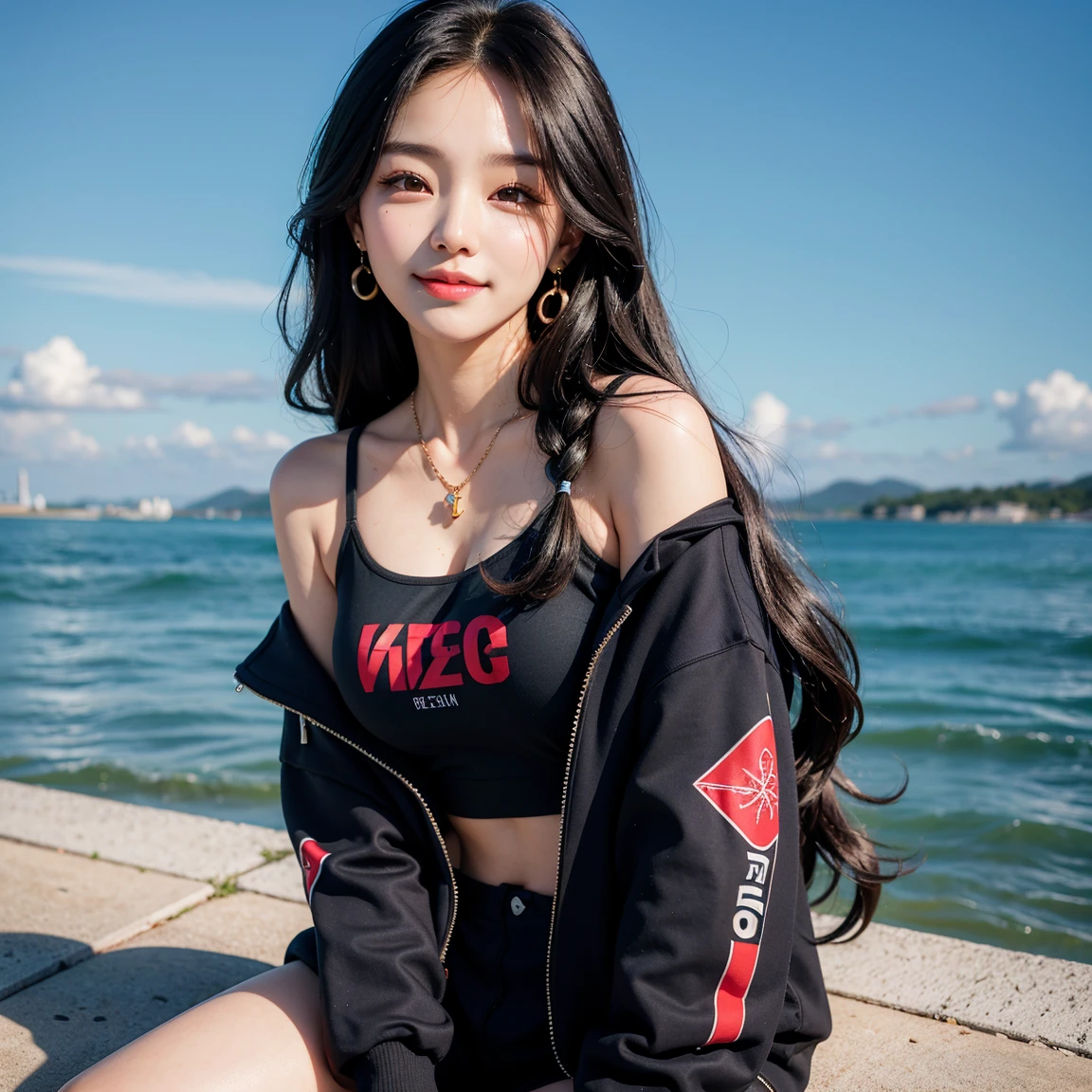 highest quality,8K, Detailed facial depiction, Detailed description of the eyes, black hair(long wavy hair),beautiful korean girl, 21 years old, zip-up hoodie, Bear Breast, Because I&#39;m slender, medium chest size, sit with legs apart, smile, Colorful earrings, necklace,seaside,