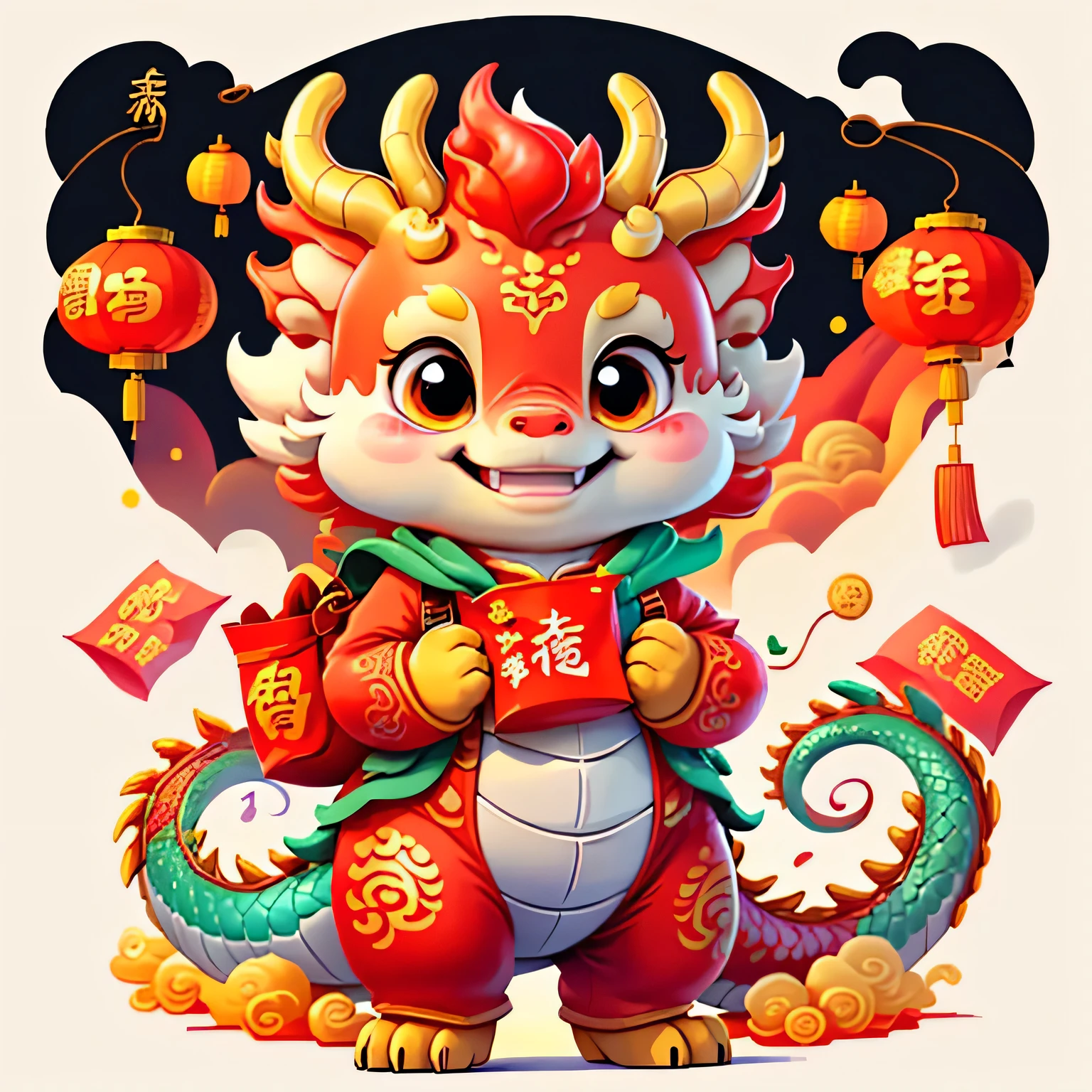 Chinese dragon，The background is casual，Delicate picture quality，HD，happy expression，golden dragon baby，Holding a bag of red envelopes