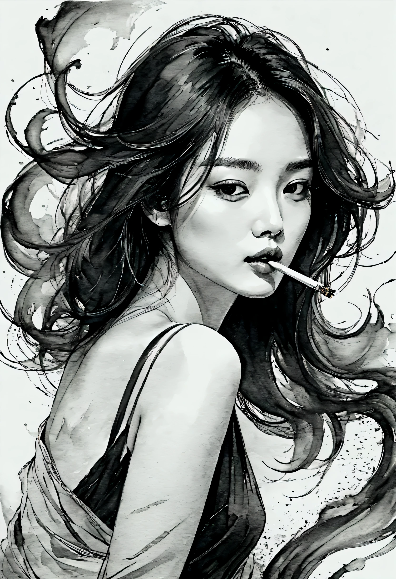 sexy woman，smokes，black and whiteink画，pen sketch，Loose brushstrokes，Pen outlines delicate lines，Smooth movements，微妙的ink色调，elegant gesture，calm expression，Exquisite facial features，ink，soil，wet。black and white，Clean