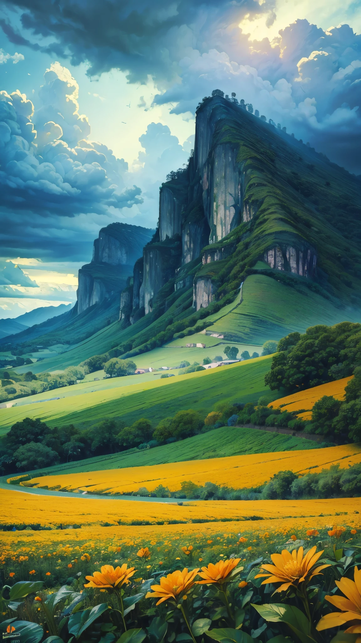 ((masterpiece:1.4), extreamly detailed, best quality, 8k, ultra hd), huge orange flower field, light blue sky, dark blue skies, stormy weather, calm atmosphere, green hills on the background, raindrops n the leaves, authentic, renessanse picture