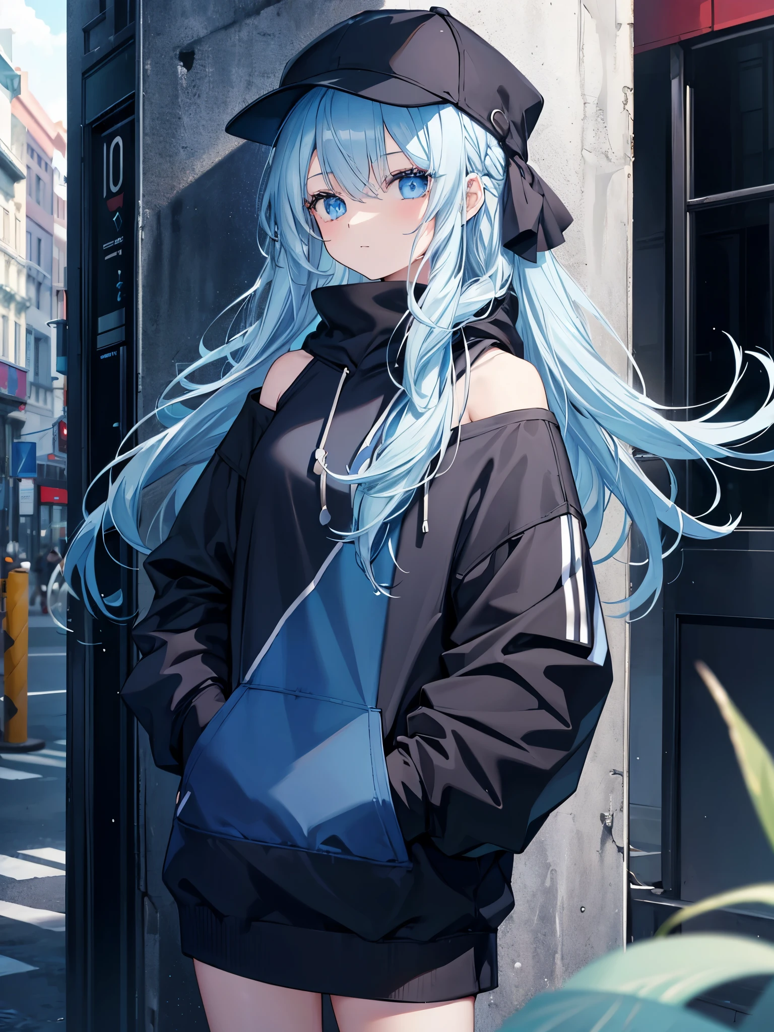masterpiece,1girl,solo,long hair, black with light blue tip hair,hoodie,off shoulder:1.2, mob cap, street,hand on hip, hand in pocket, sparkling sea blue eyes ,