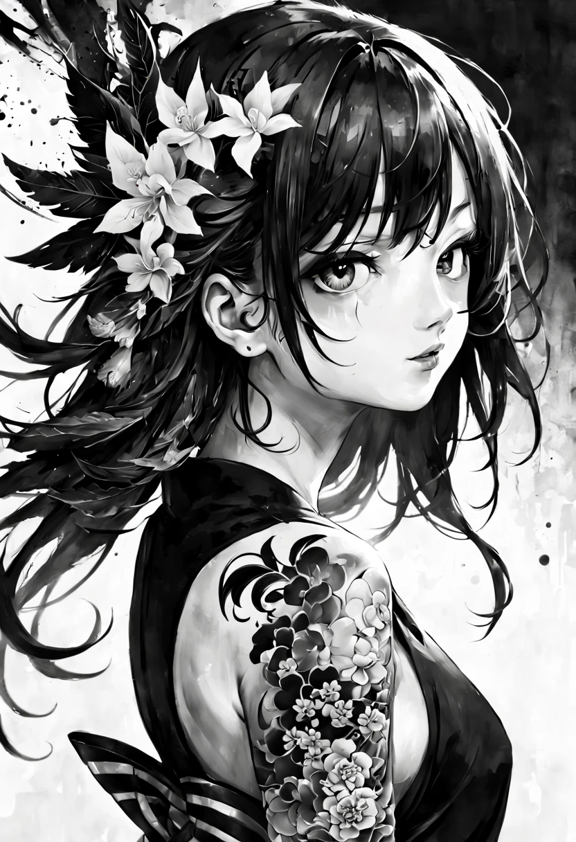 1girl, high resolution Black & White Ink paint stroked japanese tattoo