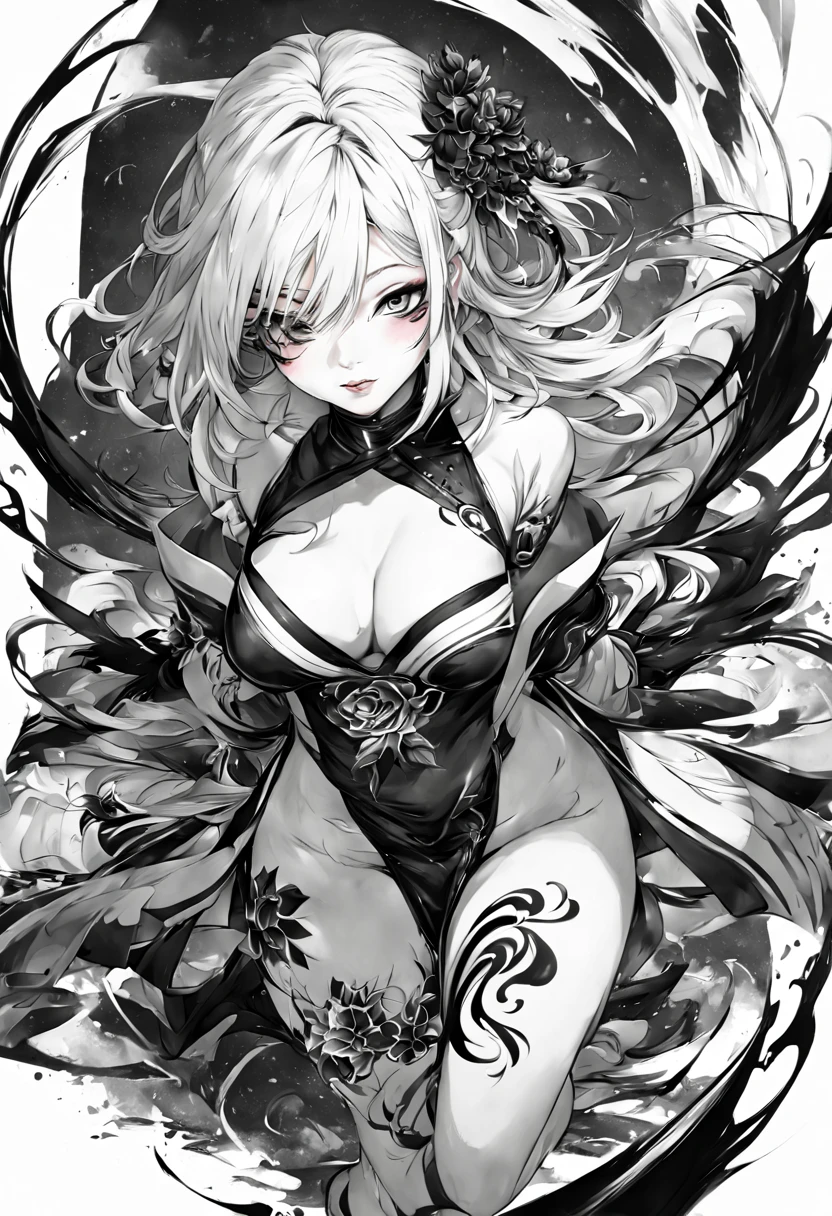 1girl, high resolution Black & White Ink paint stroked japanese tattoo