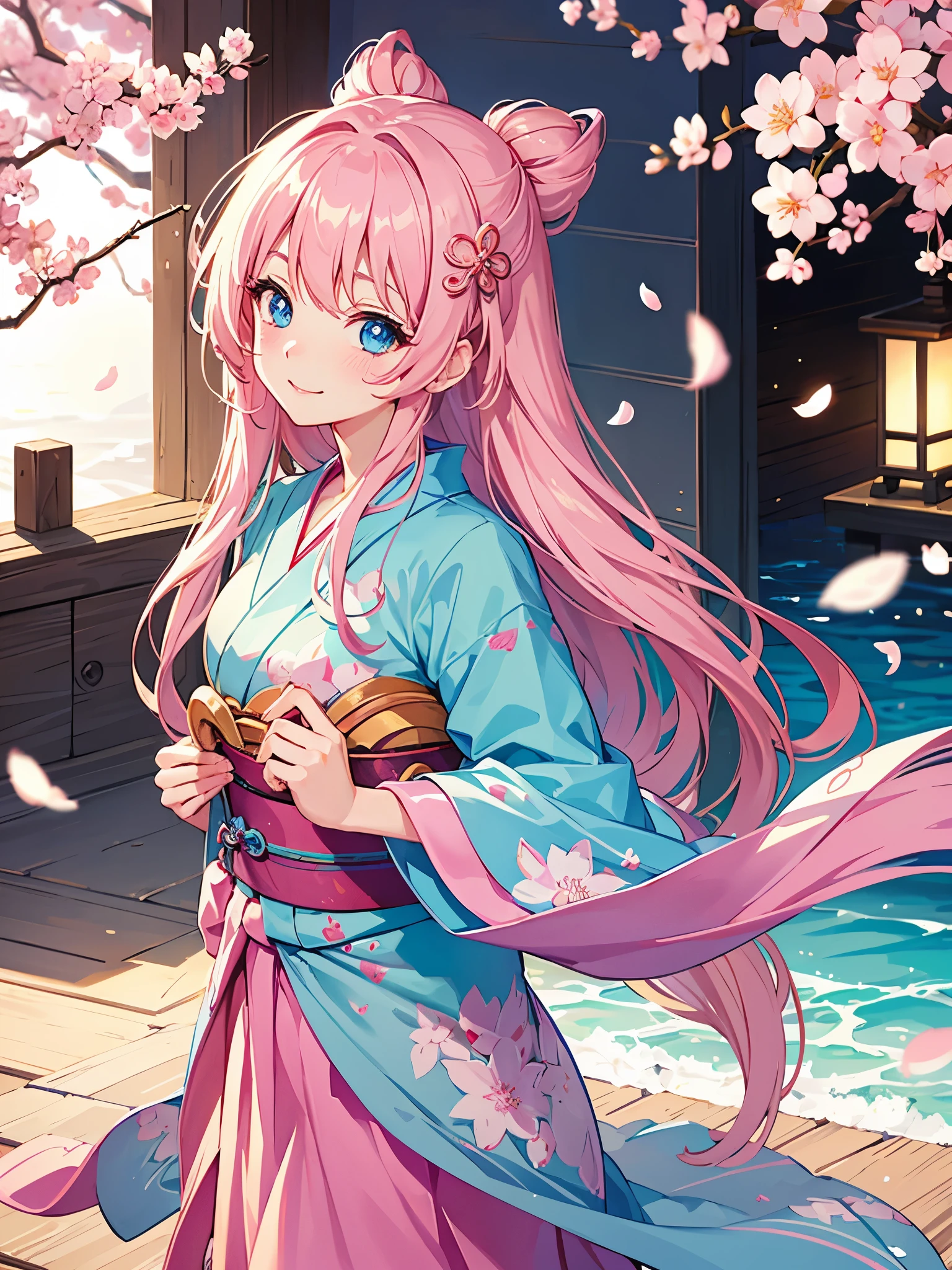 Beautiful face , hair , adorable body , cute anime girl potrait wearing cherry blossom theme yukata , adorable dazzling sea-blue eyes . Long eyelashes ,cute smile blushing cheeks