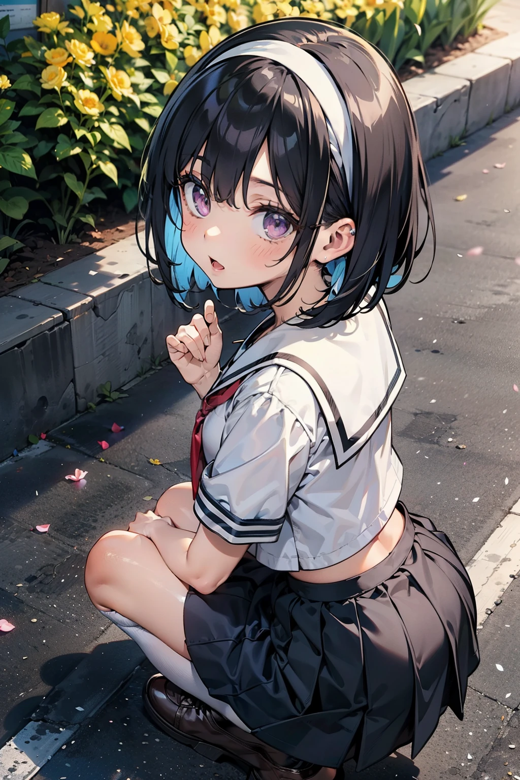 body 8 times longer than head, (Highly detailed CG unity 8k), (highest quality),(very detailed),(ultra high resolution), black hair, High school girl wearing a navy sailor suit, Anime 2D rendering, realistic young anime high school girl, ((White headband)), purple eyes, small breasts, tall, slanted eyes, (school scenery), black stockings, bright color, open your mouth, Dark blue skirt, bob cut, position looking down from above, bend your knees, sit, Put your butt on the ground, flowers blooming on the road, Watching the flowers,