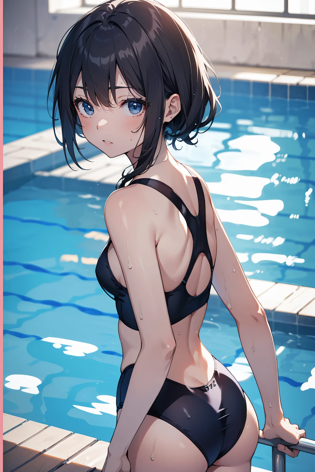 Super high quality by the art god, super detailed, High resolution, AI generated, anime moe art style, best anime 8K konachan wallpaper, pixiv contest winner, perfect anatomy, break,1 girl, (alone,lolita, , :1.3),All limbs,full finger, Slender beauty, (very short hair), wet and messy hair, flat chest, small ass,small eyes,beautiful detailed black eyes,expressive eyes,between legs,blue school swimsuit, She stands by the pool,(detailed lighting), (detailed background), (school pool),break,super dense skin, Best lighting by famous artists, 8K, figure,UHD, rough skin