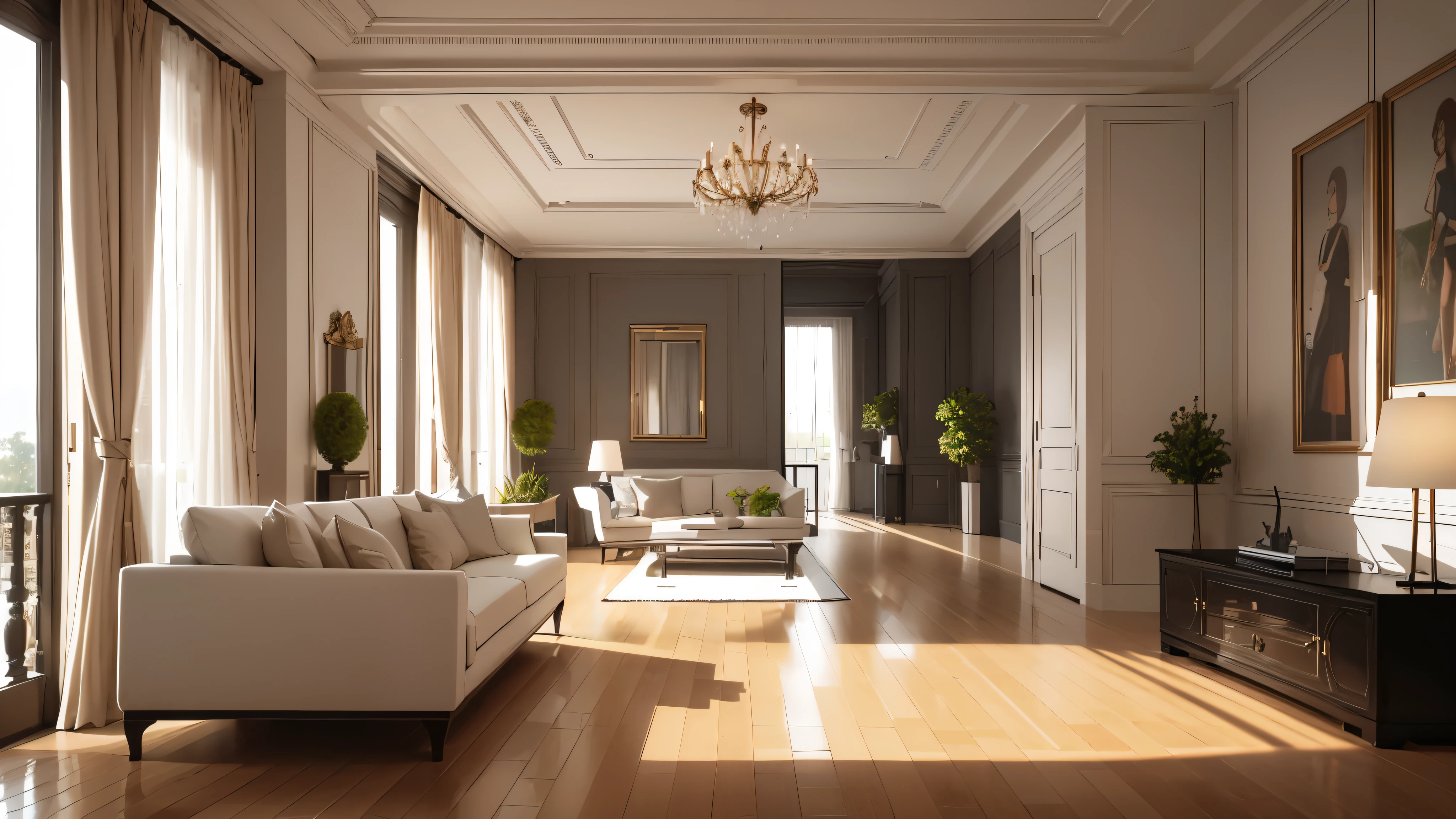 You are a famous interior designer、You have been asked to create a 3D image of a modern large room. Create a harmonious environment with modern and minimalist furniture. Including garden interior.