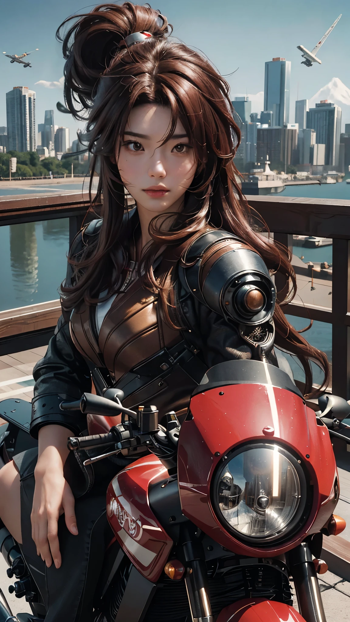 A Japanese young man with messy reddish-brown hair sits confidently on a futuristic copter motorbike that hums with the sound of two jet engines in the background. The scene unfolds in a city of the future with ultra-detailed and sharp focus.

((Top quality, 8K, Masterpiece: 1.5)), Sharp focus: 1.2, Sitting, Japanese young man, Messy reddish-brown hair, Copter motorbike, Running jet engines, Futuristic cityscape, ((Most detailed, Extremely close-up)), Ultra High Definition, 8K, ((Realistic, Photo-realistic: 1.