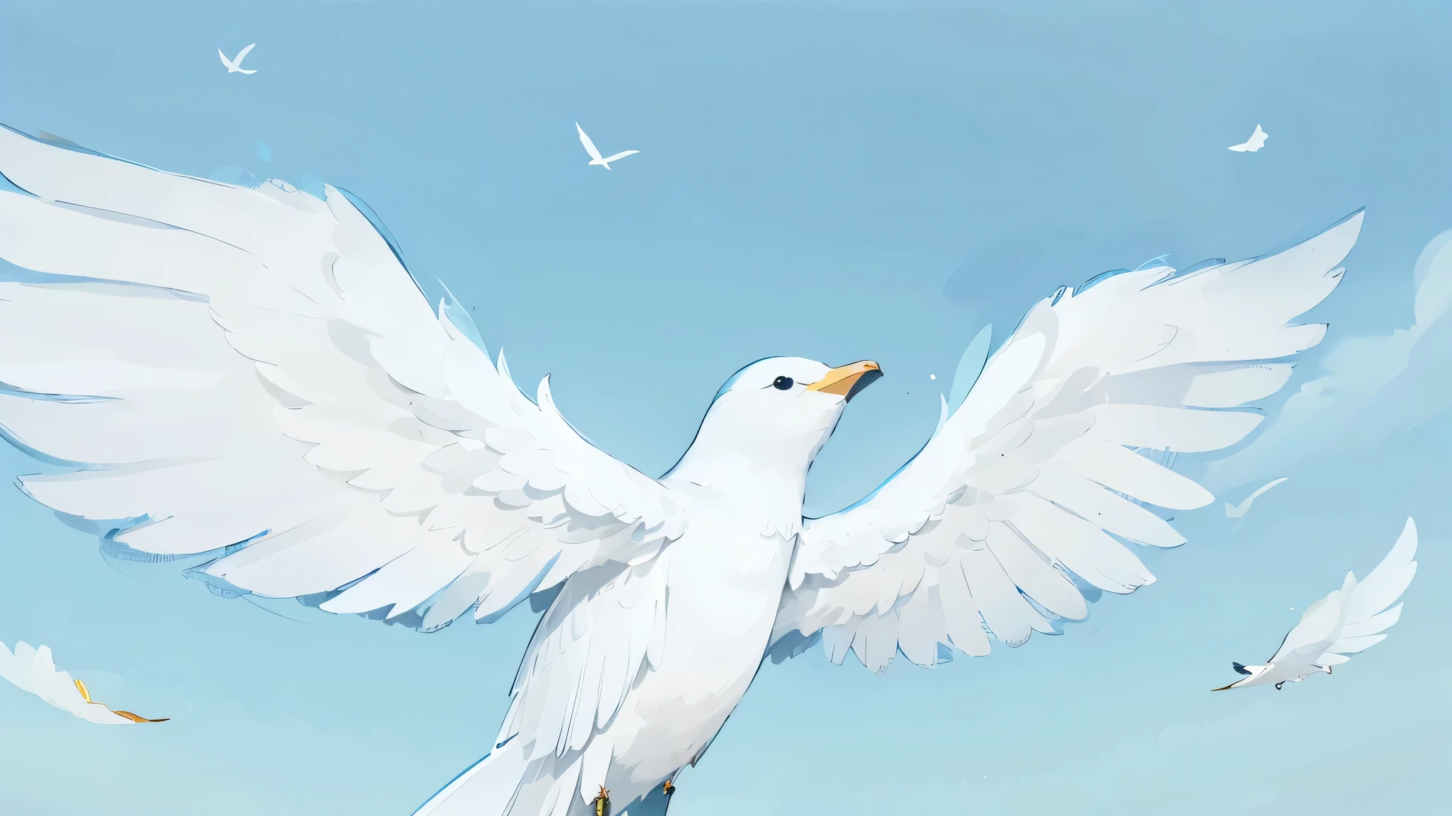 god々Beautiful birds、very beautiful feathers、A white bird spreads its wings and flies in the sky, Ophanim has bird feathers, soaring through the sky、blue sky、Brilliantly、Full of hope、pieces fly