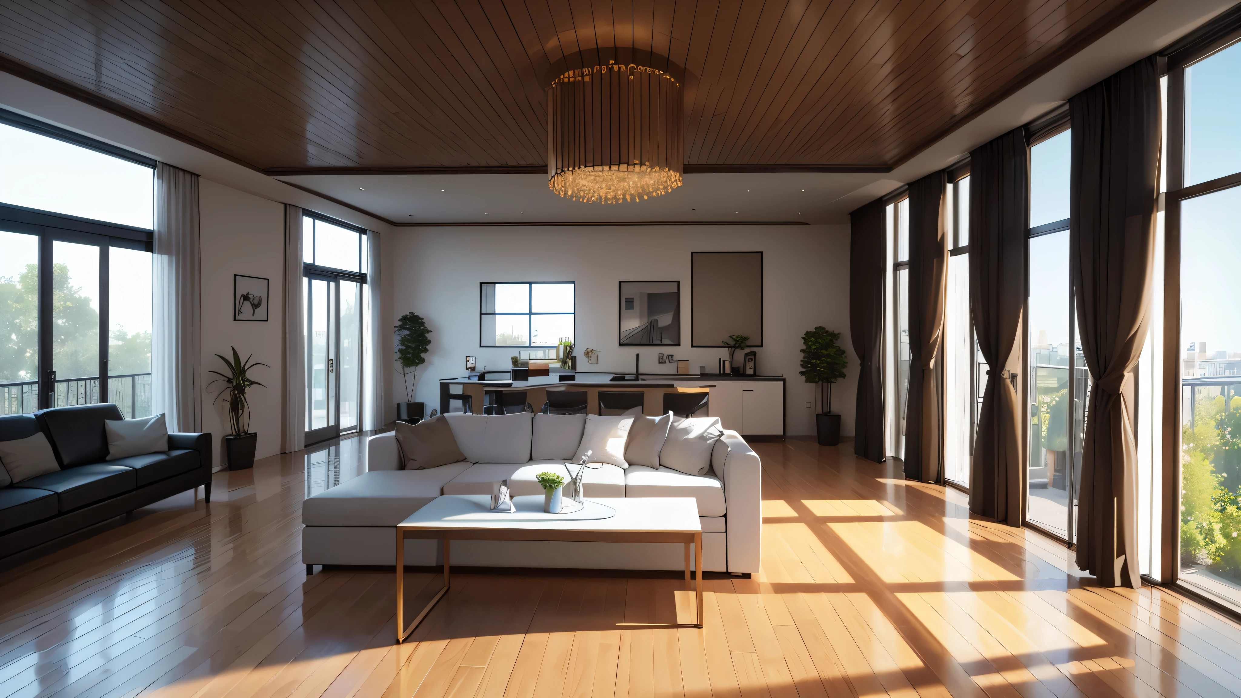 You are a famous interior designer、You have been asked to create a 3D image of a modern large room. Create a harmonious environment with modern and minimalist furniture. Including garden interior.