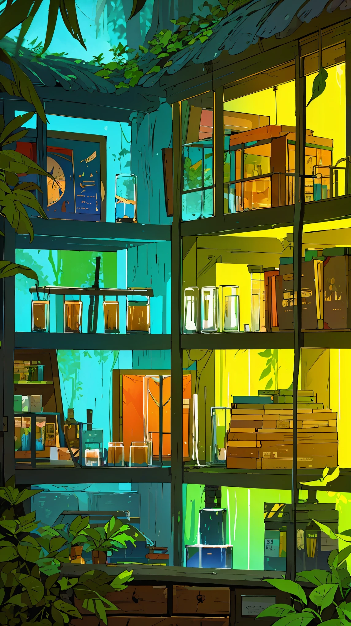 A chemist's cottage nestled in a forest, sunlight filtering through leaves onto shelves of colorful liquids. Highly detailed,masterpiece quality, 