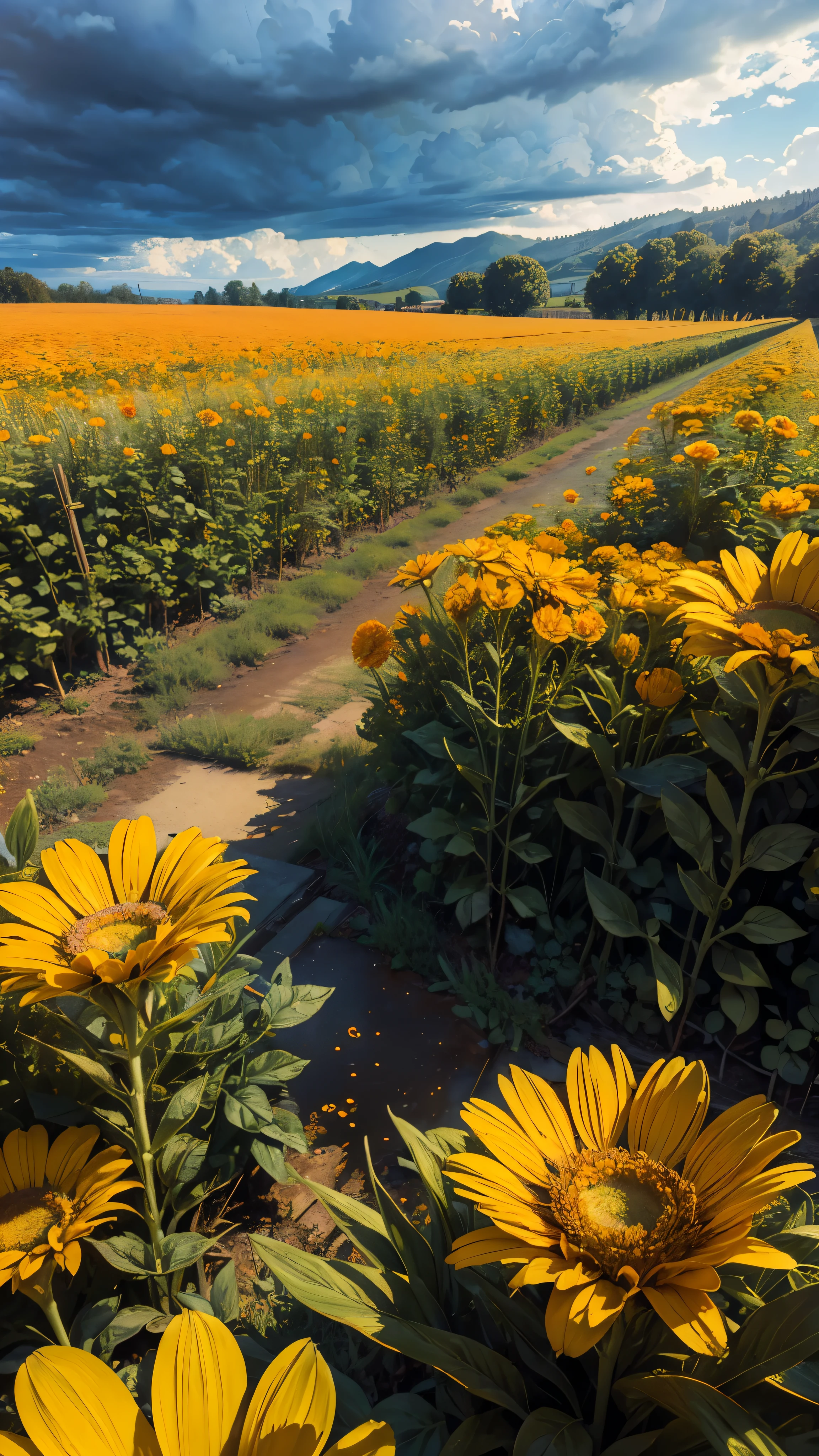 ((masterpiece:1.4), extreamly detailed, best quality, 8k, ultra hd), orange and blue colors, Calendula officinalis, orange flowers on the foreground, huge orange flower field, light blue sky, dark blue skies, stormy weather, calm atmosphere, green hills on the background, raindrops n the leaves, authentic, renessanse picture