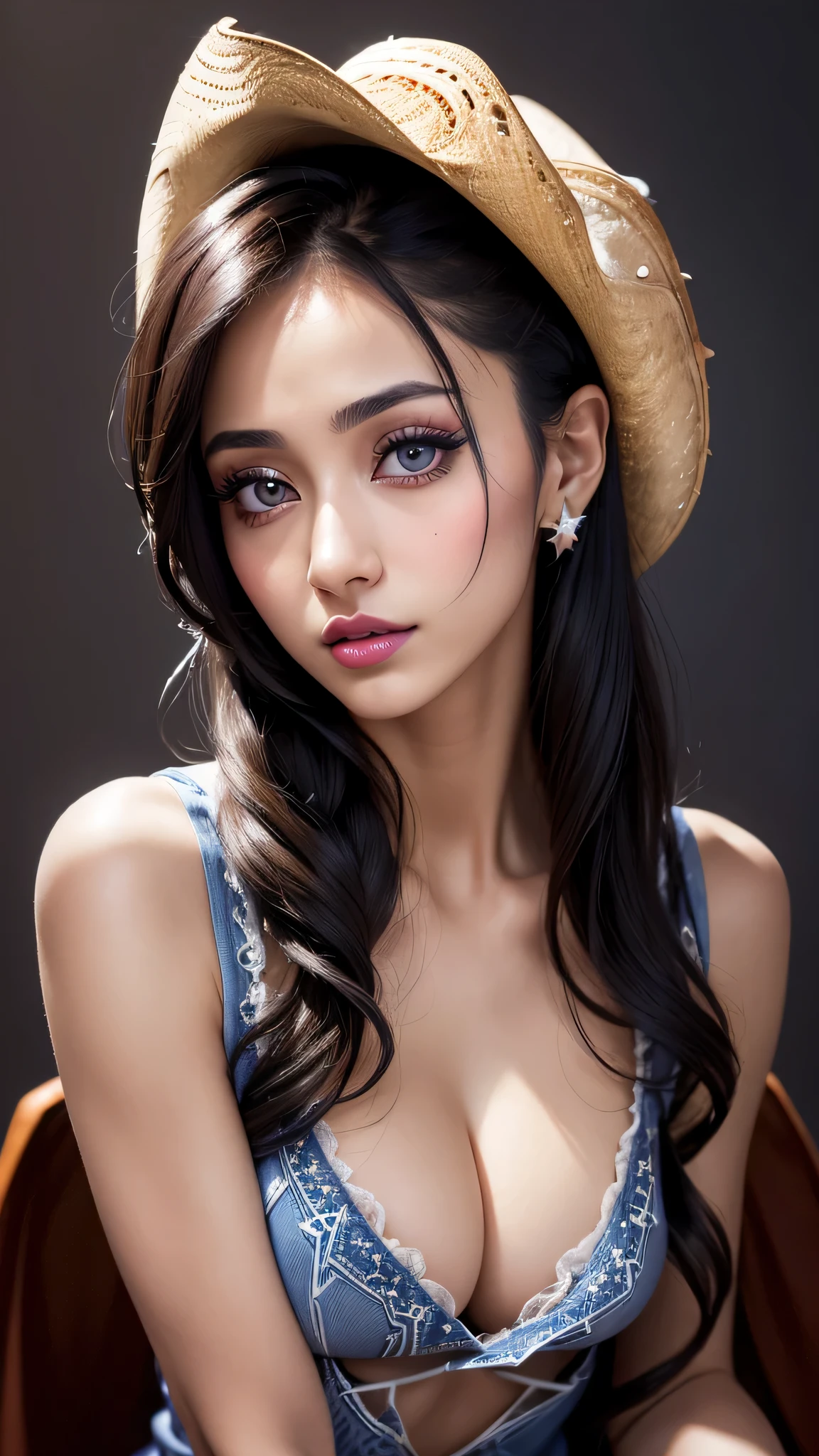 Ultra-realistic movie master pie with ultra-detailed primetime portraits, 最high quality, 8K, table top, The ultra -The high-definition、1 girl 22 years old、porn woman, ((Janice Griffith:1.1)), (small head:1.5), fashion supermodel、masterpiece, 最high quality, high quality, High resolution、 (very delicate and beautiful、fine details:1.2)、(masterpiece)、 最high quality、 (high quality)、 ((absurdres))、 ((ultra sharp fous))、(Glamour, paparazzi taking pictures of her)、(Super beautiful detailed face:1.4)、(super detailed eyes:1.3)、(super detailed lips:1.2)、(super Detailed nose:1.2)、(depth of field)、((anatomically correct))、((cleavage:1.3))、(dynamic random fancy, professional hairstyles)、dark shot:1.17、 Long blue_eyelashes:1.2、 (black_eyeshadows:1.2)、 red_lipstick:1.38、((perfect round eyes))、 dark_pink_makeup:134、((matte skin:1.45))、((cowboy shot:1.5))