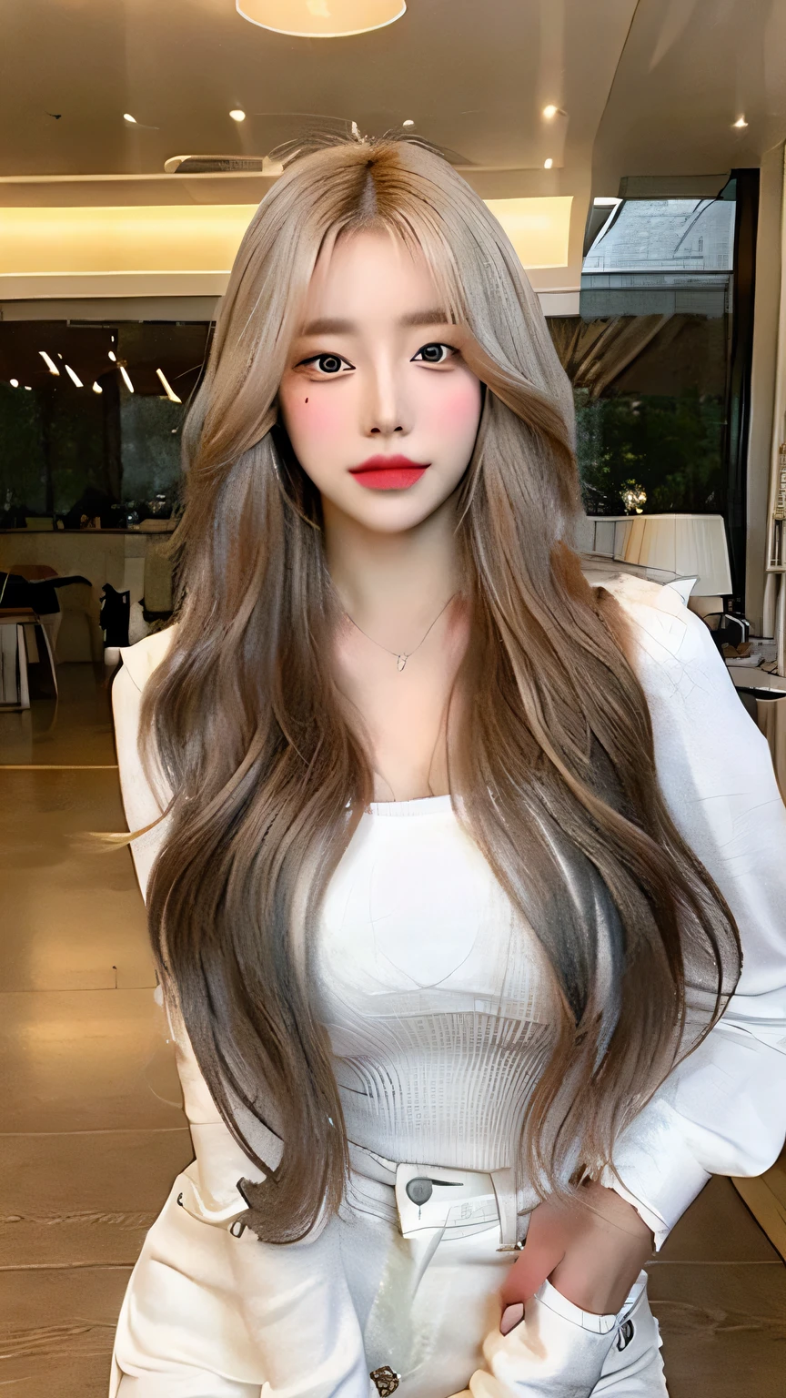 (lifelike, high resolution:1.3), 1 girl with perfect figure, The face shape and eyes are super delicate,long white hair, Random fashion outfits:1.2, short jeans, Big deal ,Baogou