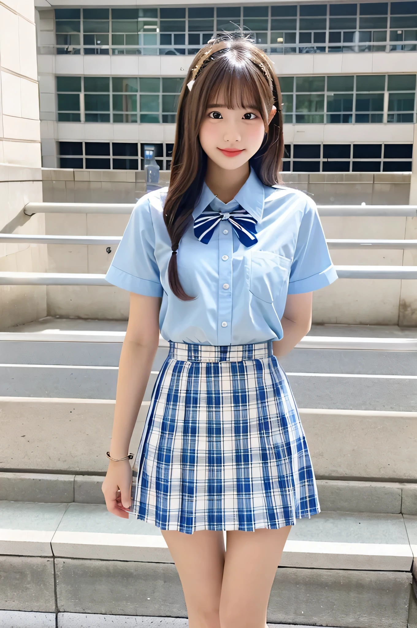 super mini skirt(light blue and white check pattern)A 20-year-old high school girl wearing a light blue ribbon and white shirt.