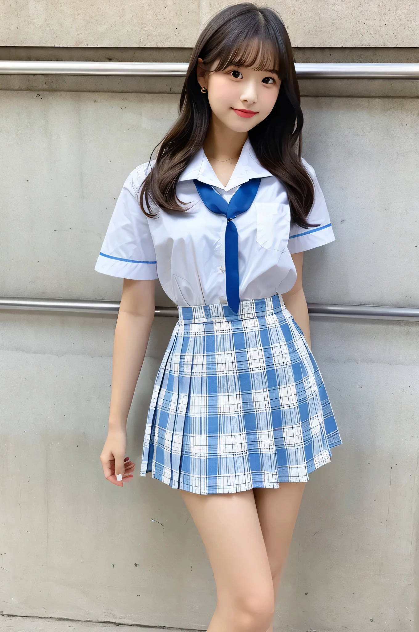 super mini skirt（light blue and white check pattern）A 20-year-old high school girl wearing a light blue ribbon and white shirt.