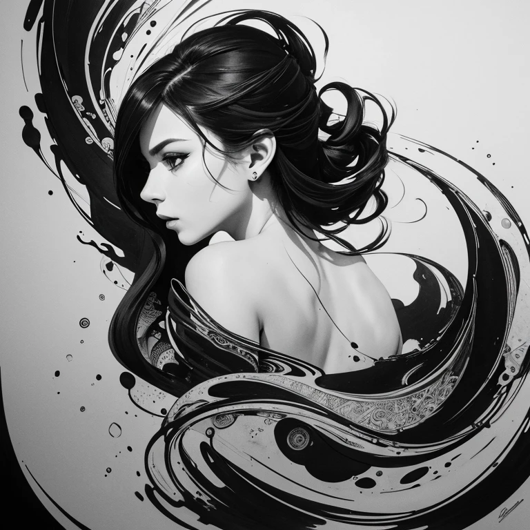 (best quality,highres),Ink Style Figure,black and white,pen and ink,highly detailed,expressive strokes,dynamic composition,unique texture,subtle shading,dramatic contrast,detailed shading,vivid lines,organic flow,delicate details,sketch-like,smooth lines,archaic charm,dynamic and lively,traditional art distillation,simplified form,visual poetry,distinctive style,masterful technique,fluidity of ink,abstract elements