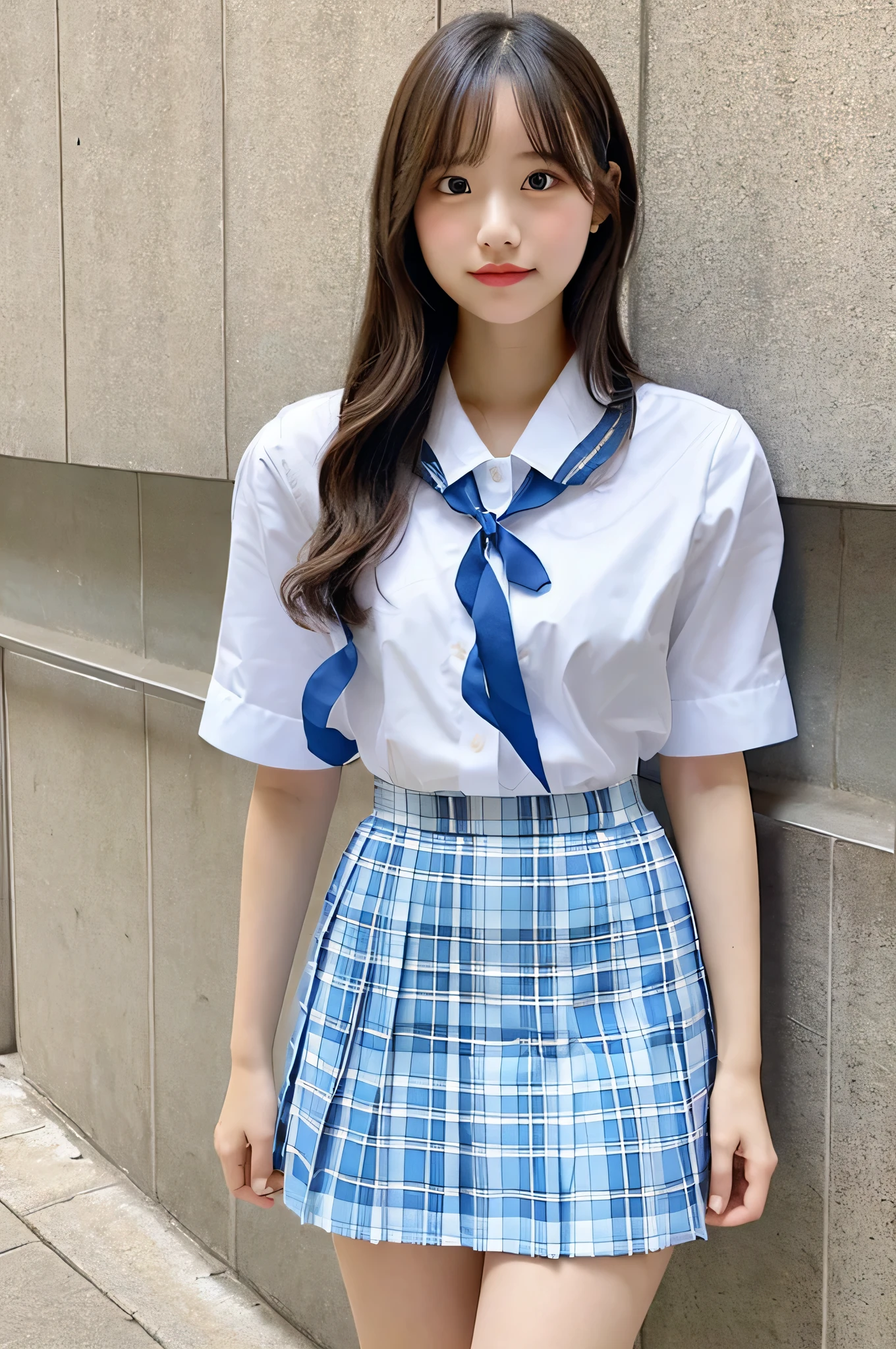 super mini skirt（light blue and white check pattern）A 20-year-old high school girl wearing a light blue ribbon and white shirt.