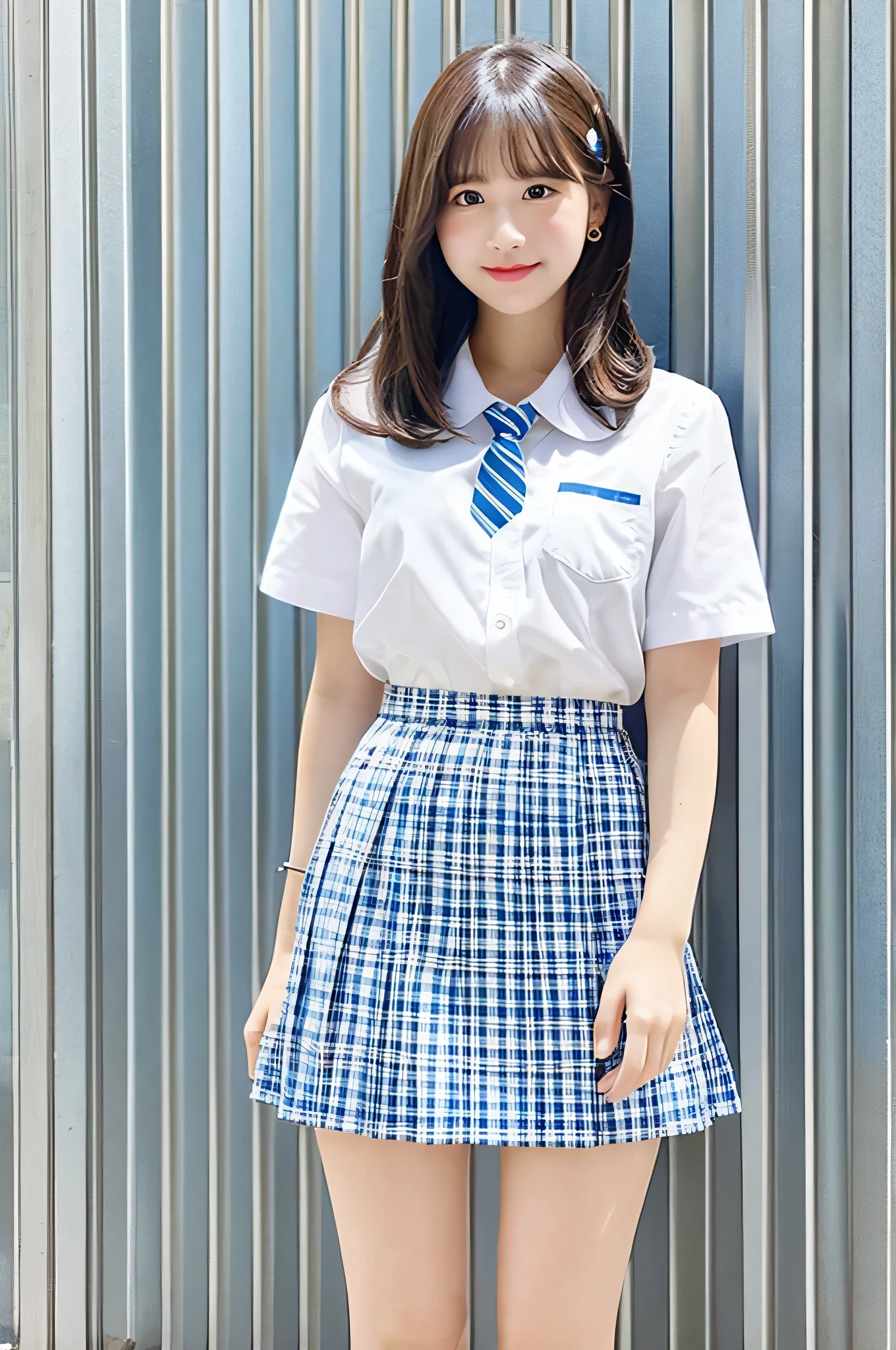 super mini skirt(light blue and white check pattern)20 year old high school girl wearing a tie and white shirt.