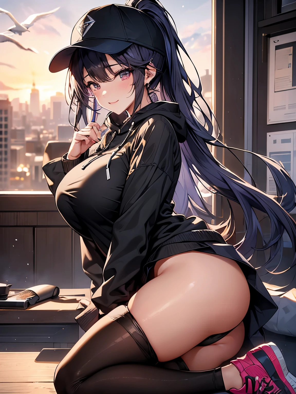 (masterpiece、very detailedな、intricate details、 sharp focus、 8K、被写界深度masterpiece、very detailed、intricate details、sharp focus 被写界深度、ultra high resolution:1.3、1 female、modern:1.3、solo:1.3、whole body)、(outdoor、city、apartment、sunset、beautiful sky、illuminate)、high ponytail、hooded graphic hoodie:1.3、skirt、black tights、sneakers、bag、hat、very complicated clothes、very detailedな服、black hair、the tips of the hair are purple、pink eyes、Pause、big breasts、smile、Grins、Do not put out teeth、blush、wet、perfect body