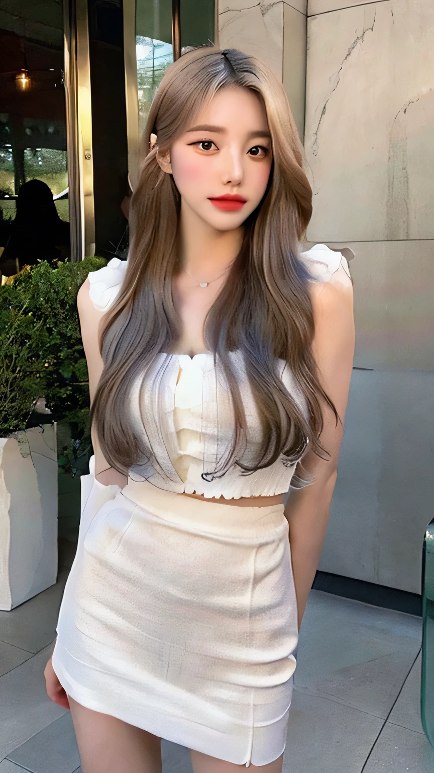 (lifelike, high resolution:1.3), 1 girl with perfect figure, The face shape and eyes are super delicate,long white hair, Random fashion outfits:1.2, short skirt, Big deal, ,Baogou