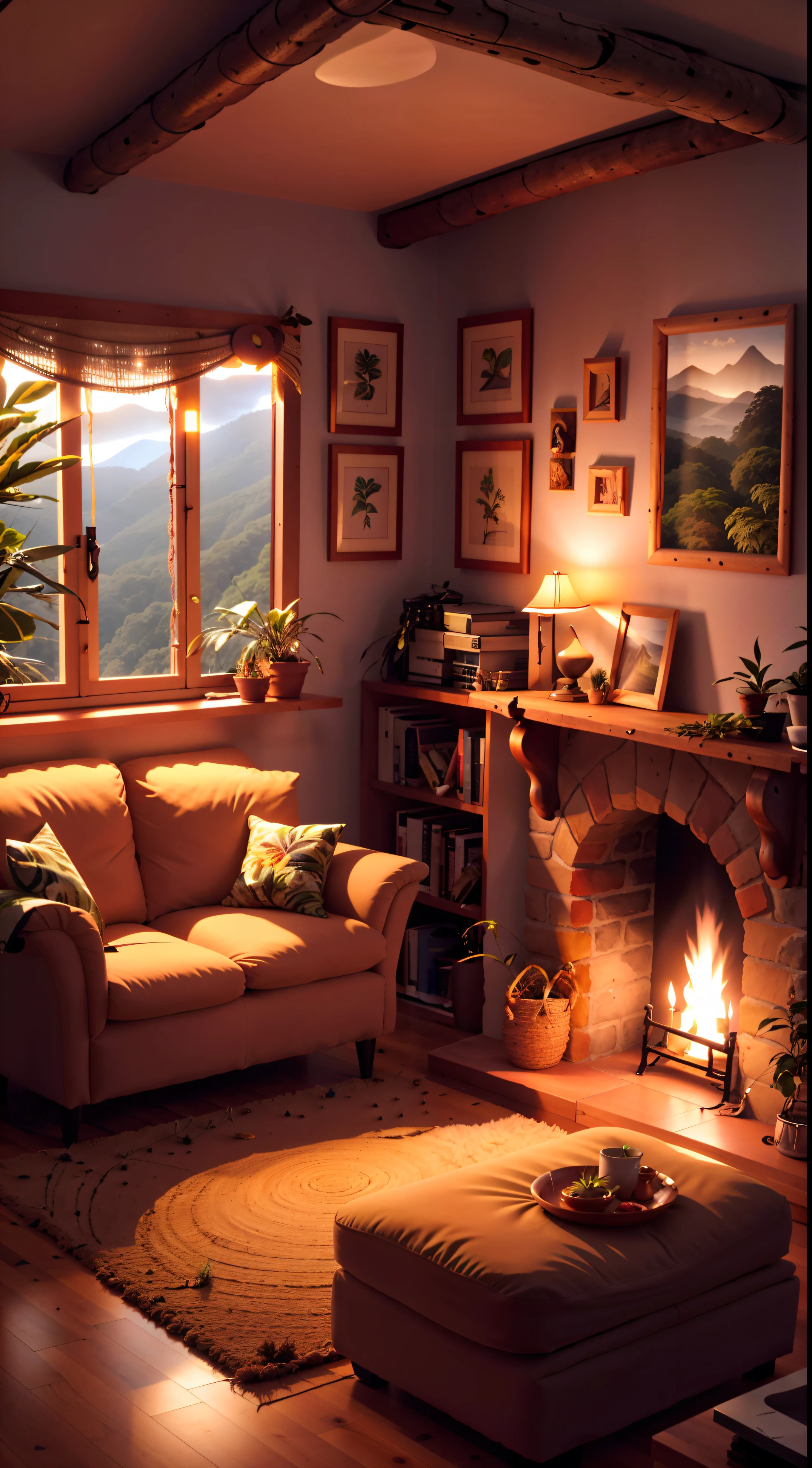Sala de estar com vista para uma montanha e uma floresta, mountainous jungle setting, jungle setting, Como uma cena de Blade Runner, magical ambiance, pintura escura ultrarrealista, em um ambiente de selva, pleasant environment, floresta nublada, Selva bonita, ambiente mal-humorado, Selva exuberante, Inside an alien jungle, Plantas e selva, montanhas da floresta tropical, ambiente relaxante