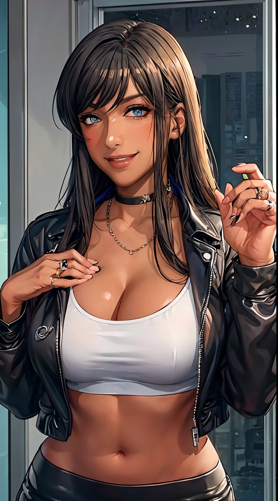 (masterpiece, best quality:1.2), tsubakid4dj, evil grin, looking at viewer, shirt, long sleeves, jewelry, very long hair, closed mouth, collarbone, jacket, white shirt, upper body, open clothes, choker, shiny, necklace, shiny hair, open jacket, black jacket, swept bangs, ring,  leather, leather jacket, cleavage, (hyper breast, gigantic breast, huge breast), chubby, plump, navel, belly, (miniskirt), crop top, underboob, (dark skin:1.2), (dark-skinned female:1.2)