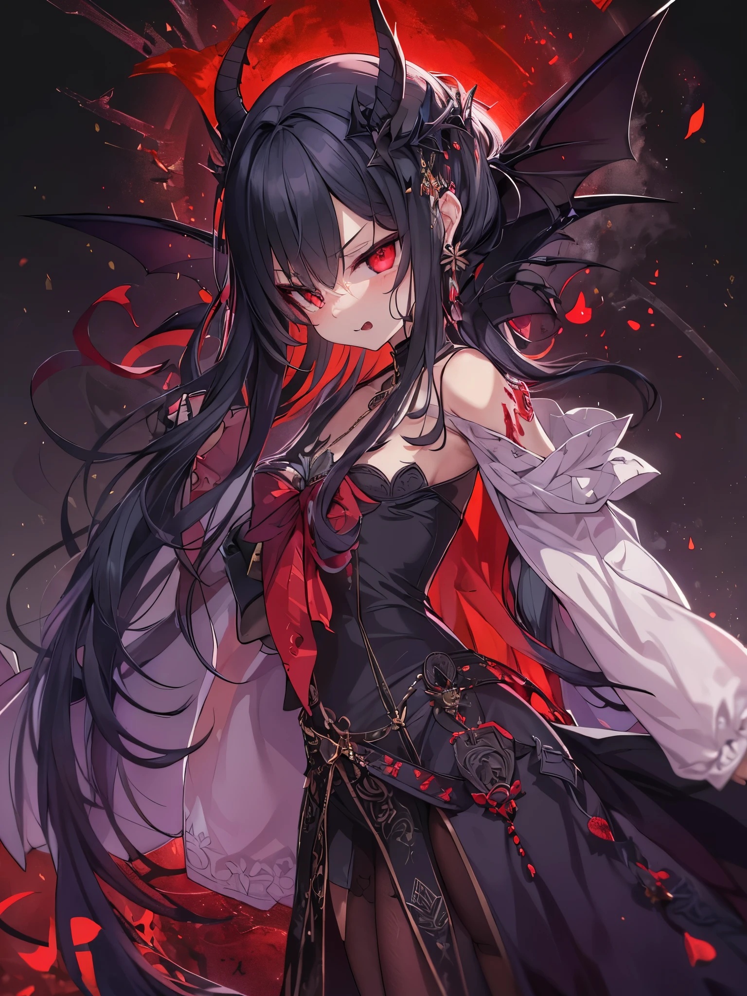 ((best quality)), ((masterpiece)), ((Super detailed)), (extremely delicate and beautiful),(best quality,high resolution,artistic:1.2),Super detailed,actual,4K resolution,comic style,Western elements,beautiful girl,loli,petite,vampire,一个vampire女孩站在月亮下,elegant black hair,long shiny hair,charming eyes,(beautiful red eye),Exquisite facial features,((非常Exquisite facial features)),clear facial features,skin glowing,Porcelain-like complexion,Bat wings grow on the back,((A mocking expression)),(Lovely),(angry expression),((black dress)),Gorgeous and cumbersome clothes,Behind him is the Blood Moon,Red Moon