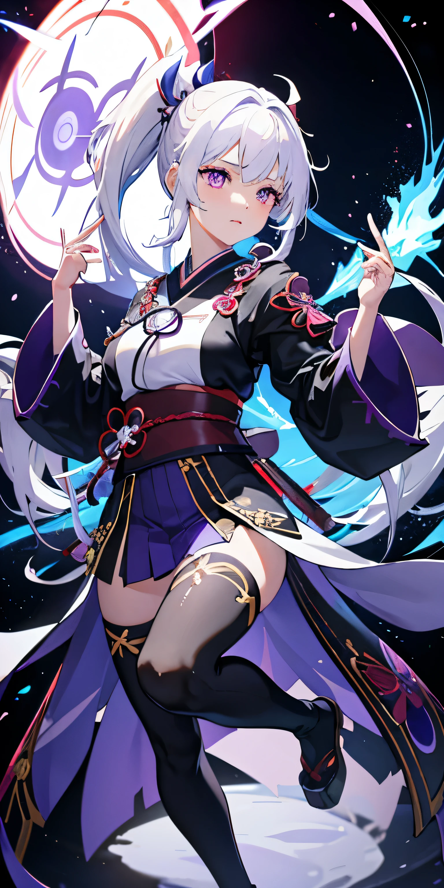 1 girl, japanese clothes, ponytail ,white hair, purple eyes, magic circle, blue flame, blue flame, wallpaper, landscape, Blood, Blood splatter, depth of field, night, Light particles, Light, side Light, thigh, destiny \(series\), Genshin Impact, ****, open jacket, skirt, raise your legs, cloud