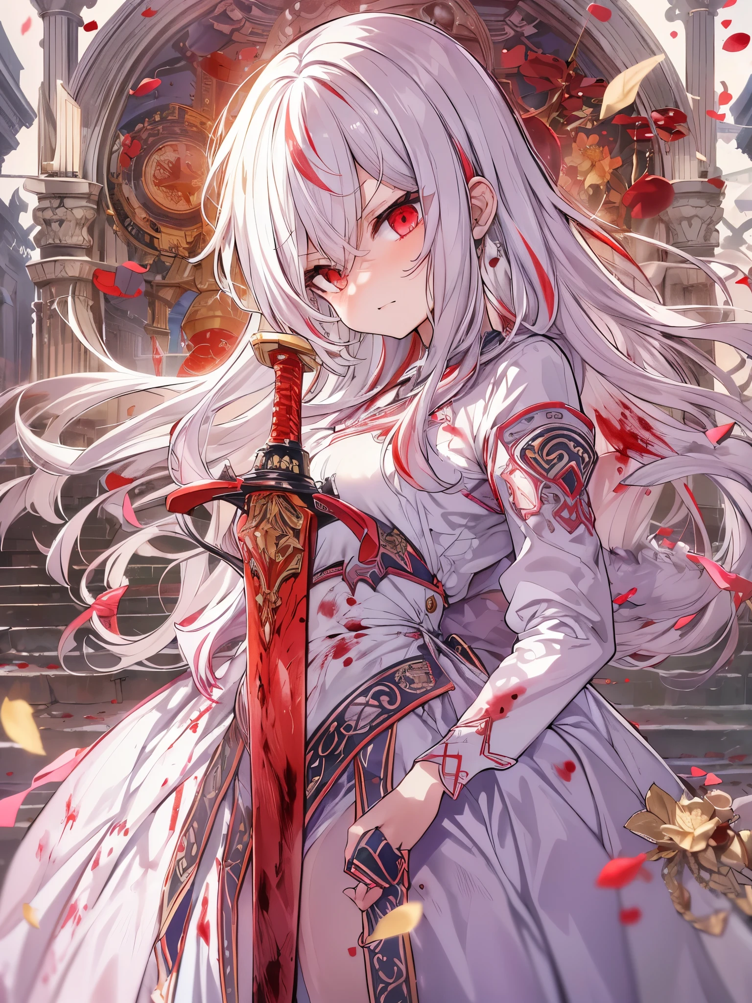 ((solo)),best quality,Amazing,1girl,extremely detailed CG unity 8k wallpaper, masterpiece,(loli),(white hair),(((red streaked hair))), red eyes, (((full body))),(red hair), (((((Hold a red sword))))), (angry face),(beautiful detailed eyes), ((Blood drop)),((Blood fog)),light shafts, soft focus, character focus,disheveled hair,long bangs, hairs between eyes, looking at viewer,lowing hair,((Splashing blood))),Long hair,((Bloodstain)),Fighting stance,{{{{{watercolor_(medium)}}}},(((masterpiece))),((white clock)),((ultra-detailed)),((Covered in blood)),flowing hair,Exquisite Flame, {{{{{{extremely beautiful detailed anime face}}}}}},dynamic angle, floating, (shine), extremely delicate and beautiful girls, bright skin, (best illustration), (best shadow), finely detail, Depth of field (bloom), (painting),{ very delicate light, perfect and delicate limbs},beautiful detailed dress,Flying red petals,Holy lighting