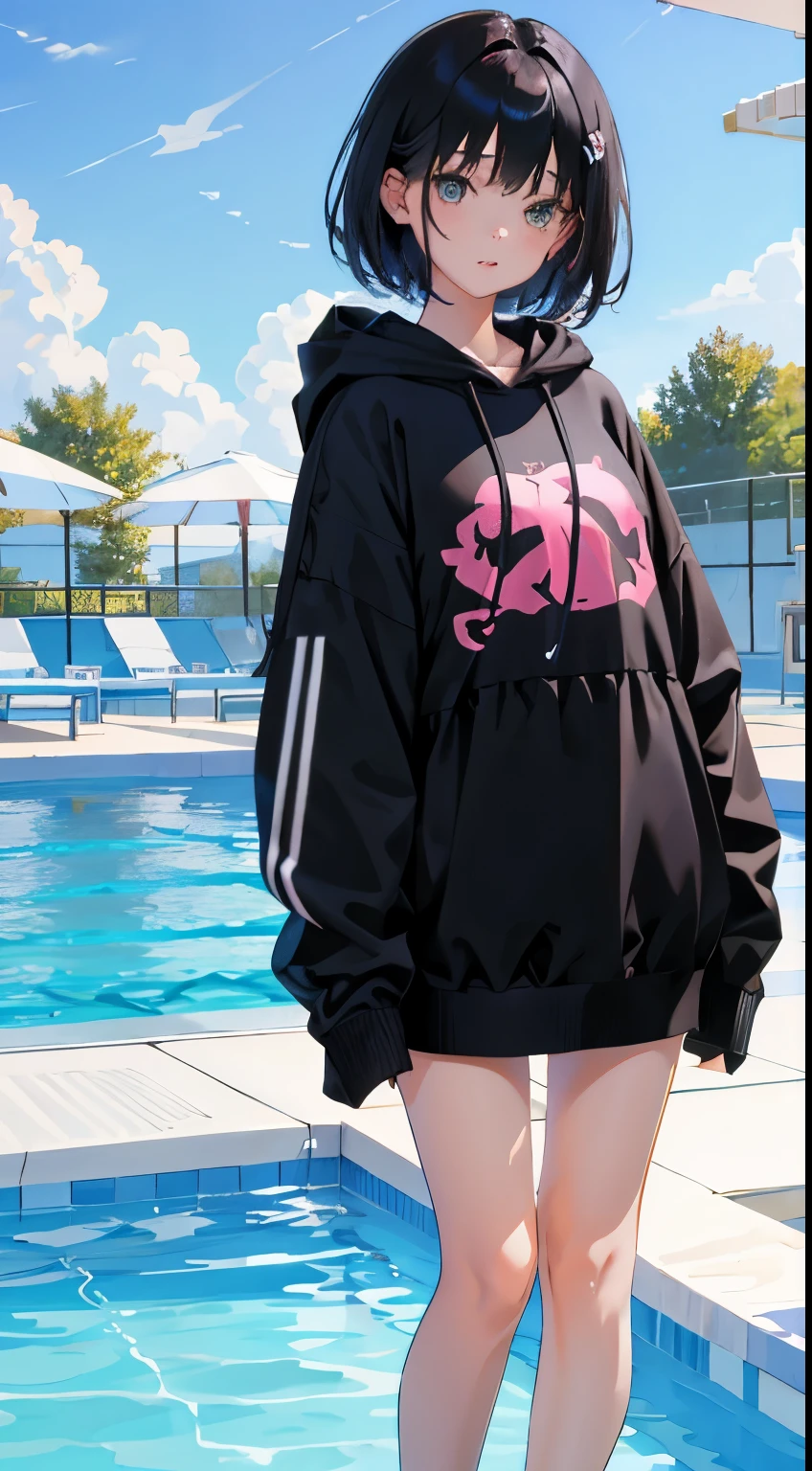 (short cute girl,small young student,young delicate girl),(masterpiece,Top quality),Pastel hoodies,black hair,Poolside