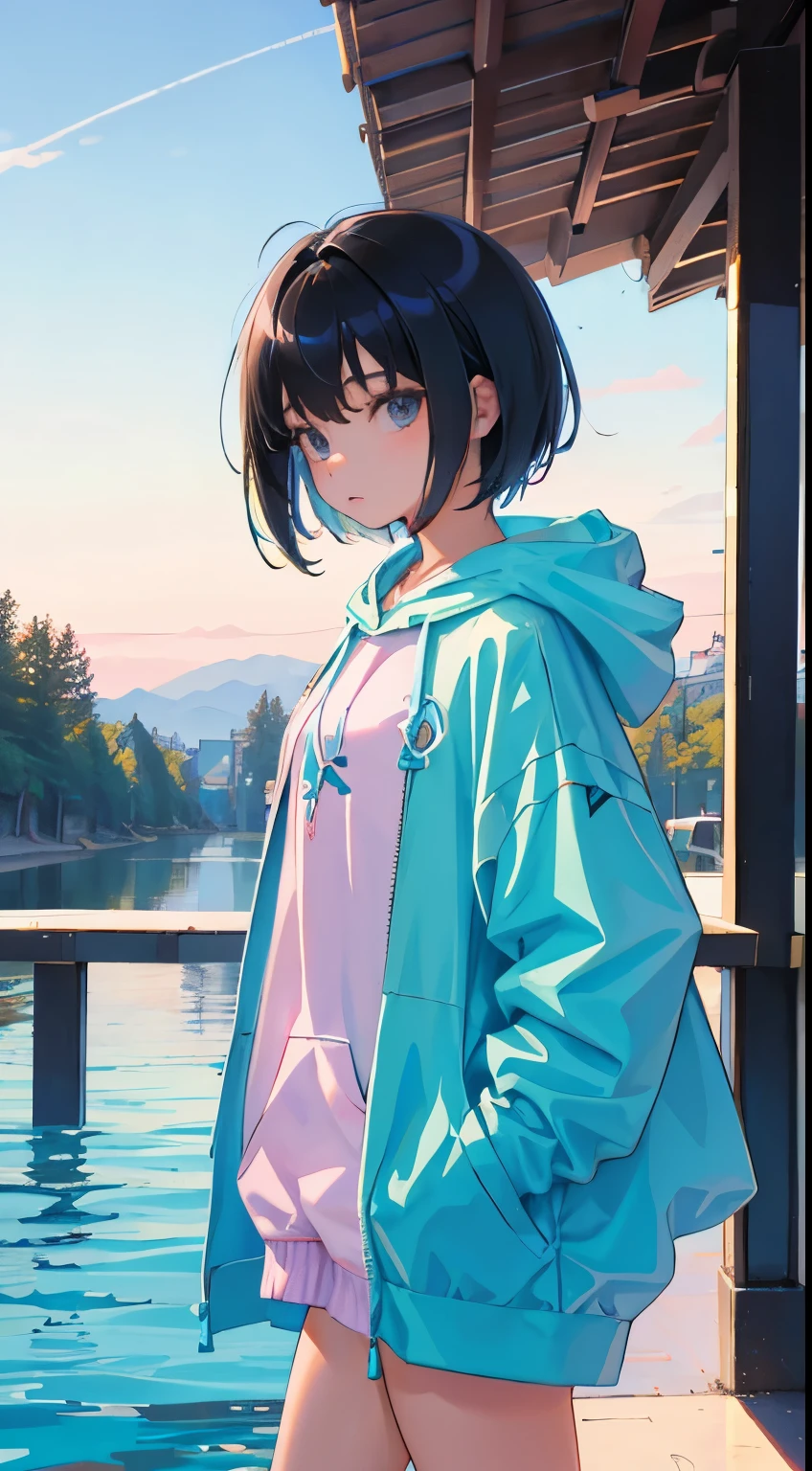 (short cute girl, young studeg delicate girl),(masterpiece,Top quality),Pastel hoodies,black hair,pool