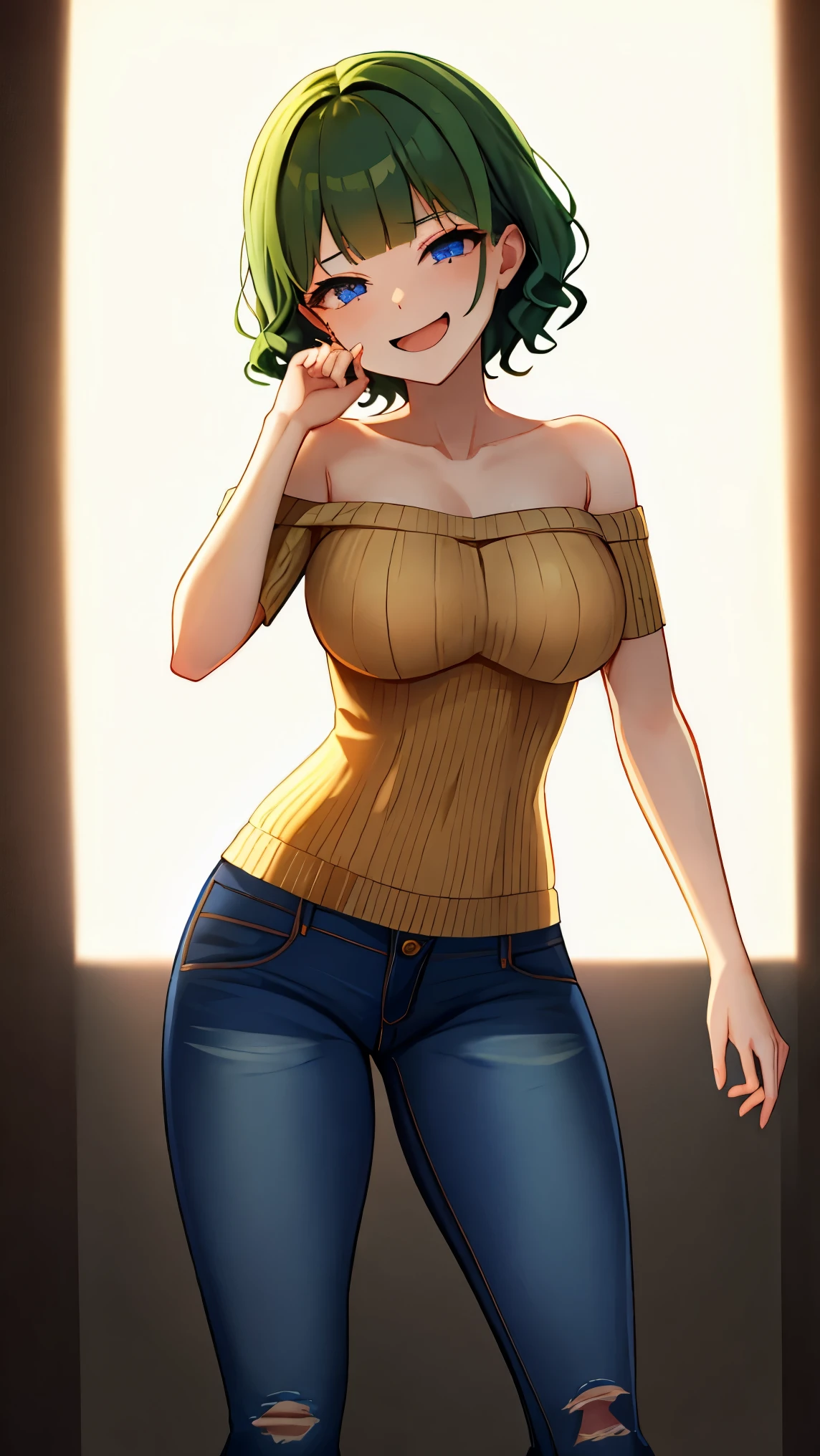 デフォルト設定: [nsfw, (masterpiece, best quality:1.2)], 登場人物設定: | 女性1: ([short hair, 1woman, (wavy hair: 1.2), blunt bangs, ash green hair, blue eyes, (heightened: 1.2), (slender: 1.2), (mole under right eye: 1.2), (mole on right chest slender: 1.2), (big chest: 1), 表情設定: [(smug smile: 1.2)], エフェクト設定: [], 服装設定: [(bare shoulders: 2.0), (short sleeves: 1.4), (bare neck), (skin-tight beige knit: 2.0), (jeans: 2.0), sneaker], ポーズ設定: [(mouth, one hand, stifling laughter: 1.4), standing, throw out one's chest])|, 場所設定: [outdoor], 視点設定: [full body, looking front], 照明設定: [(flat lighting: 2.0), (Hard light: 2.0), (natural light: 2.5), (shadow: 0.6)]