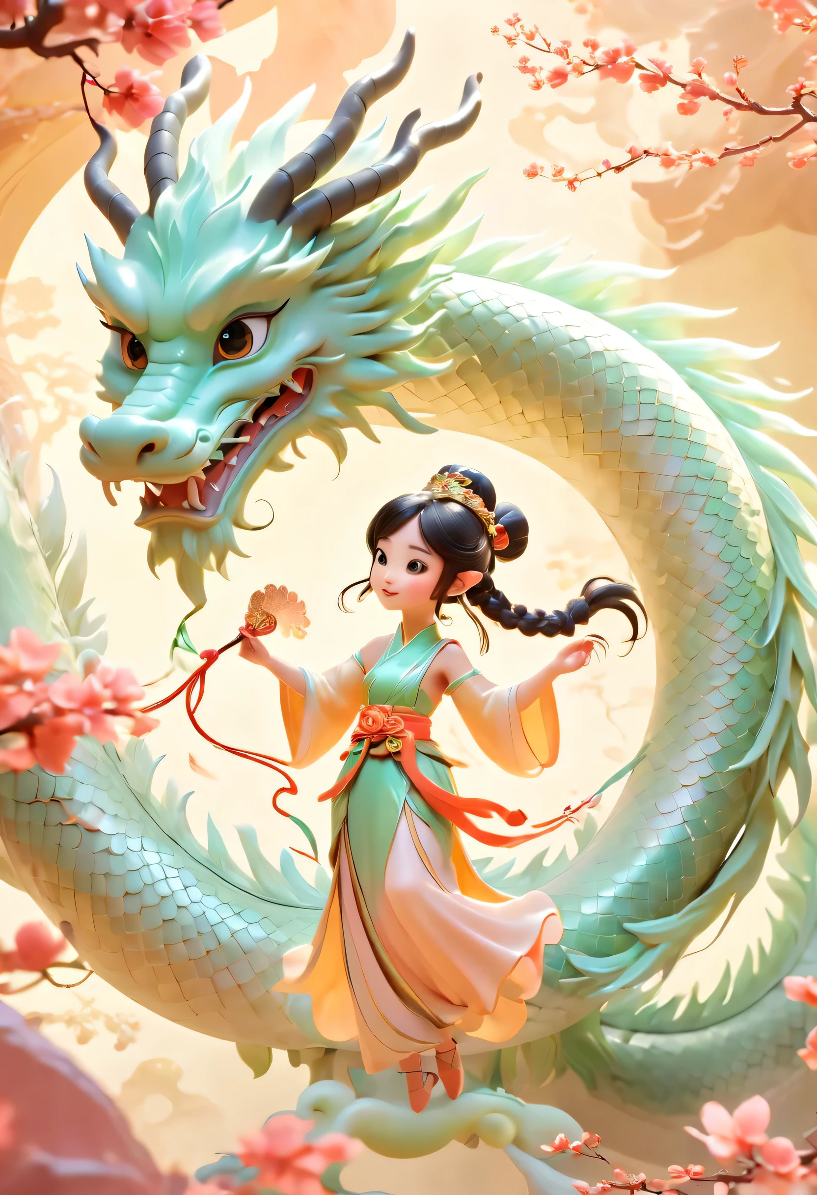 Spring Festival，Cute fairy in ancient costume，Playing Chinese dragon with girls，Xiangyun，背景是温馨的Spring Festival装饰，warm color palette，Abstract screen，Surrealism，Pixar style，3D effect，disney style，clear contour light，rim light，fantasy，spotlight