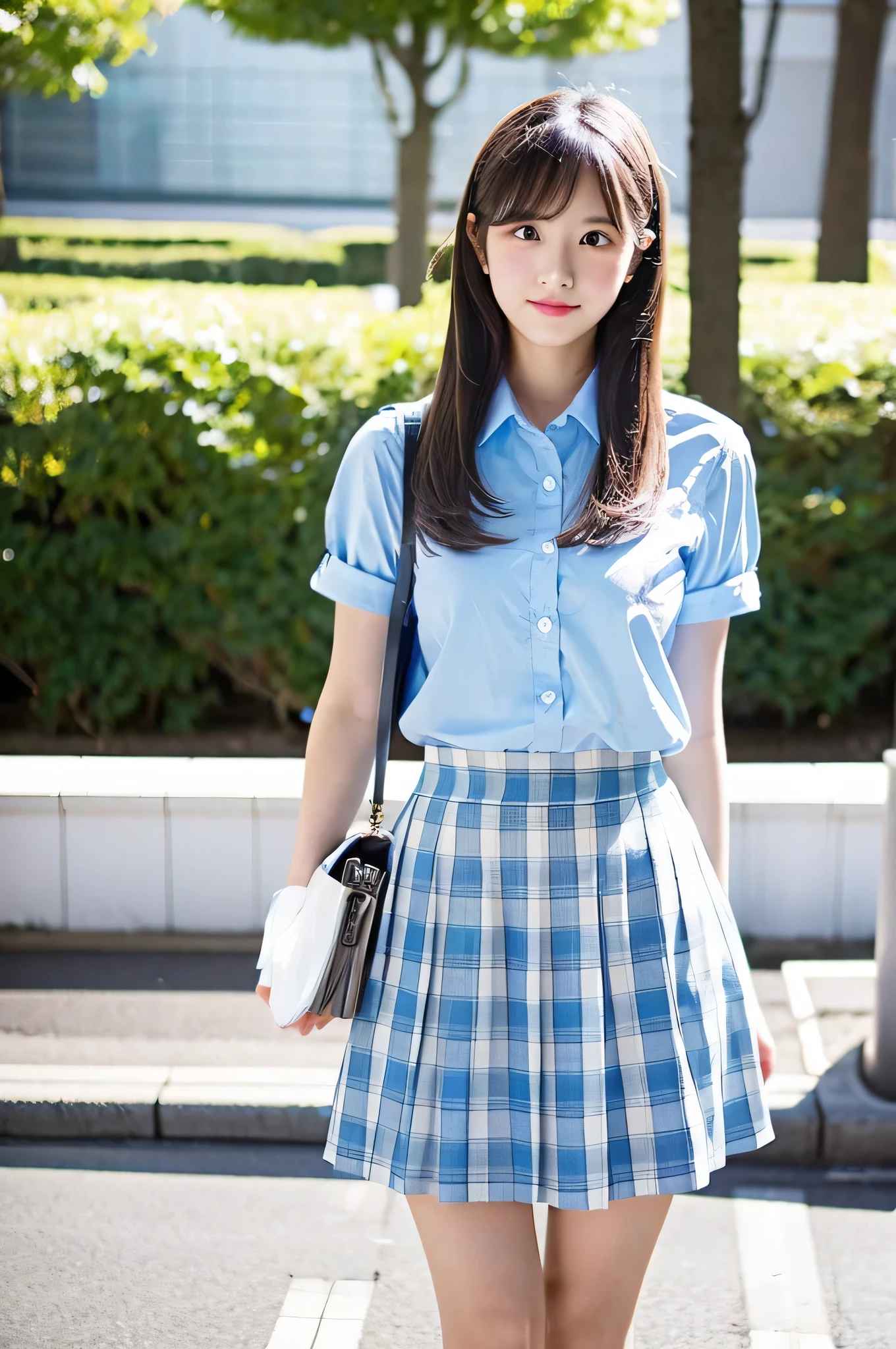 super mini skirt(Light blue plaid)20 year old high school girl wearing a white shirt.