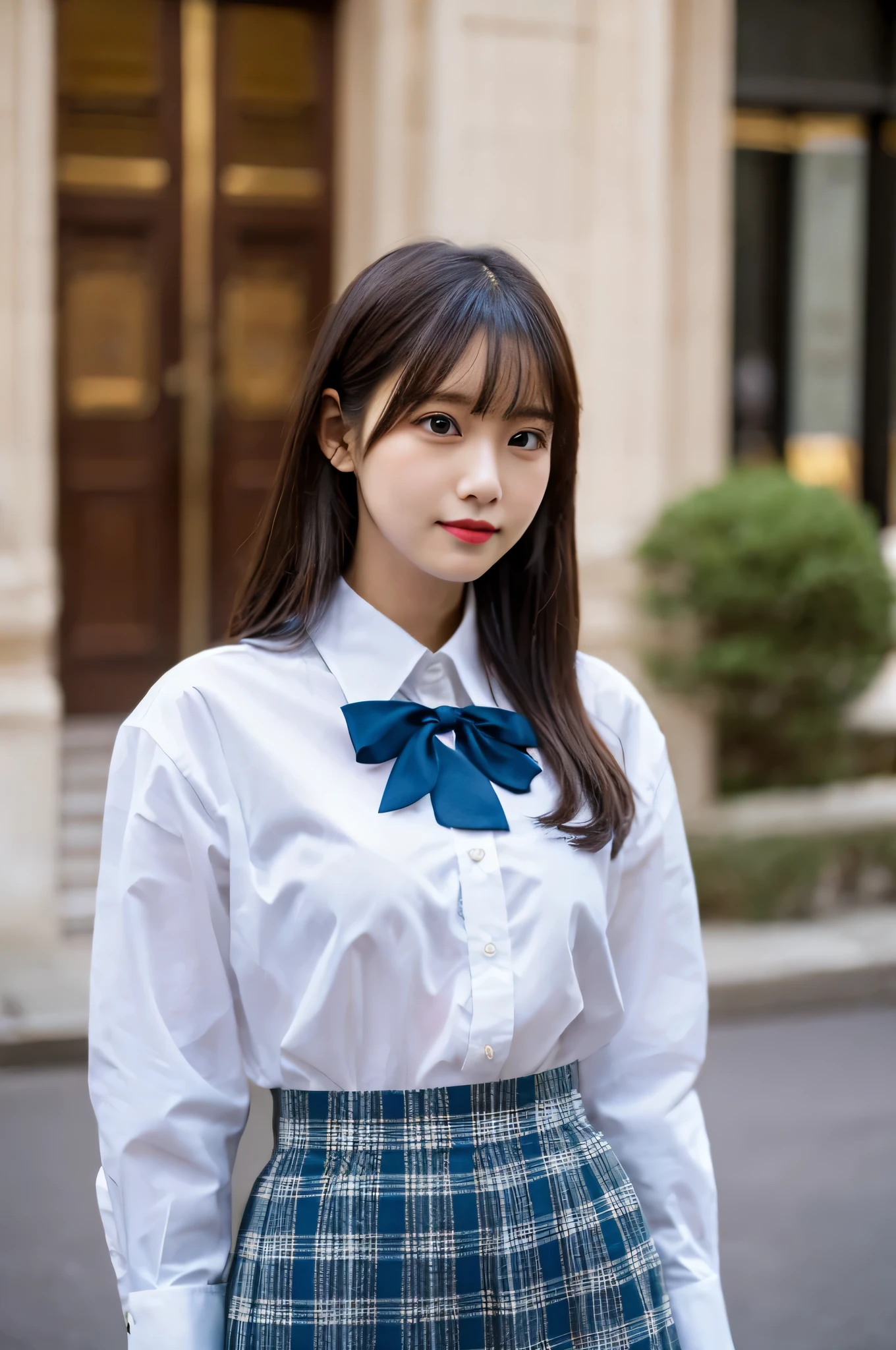 super mini skirt(Light blue plaid)A 20-year-old high school girl wearing a ribbon and a white shirt.