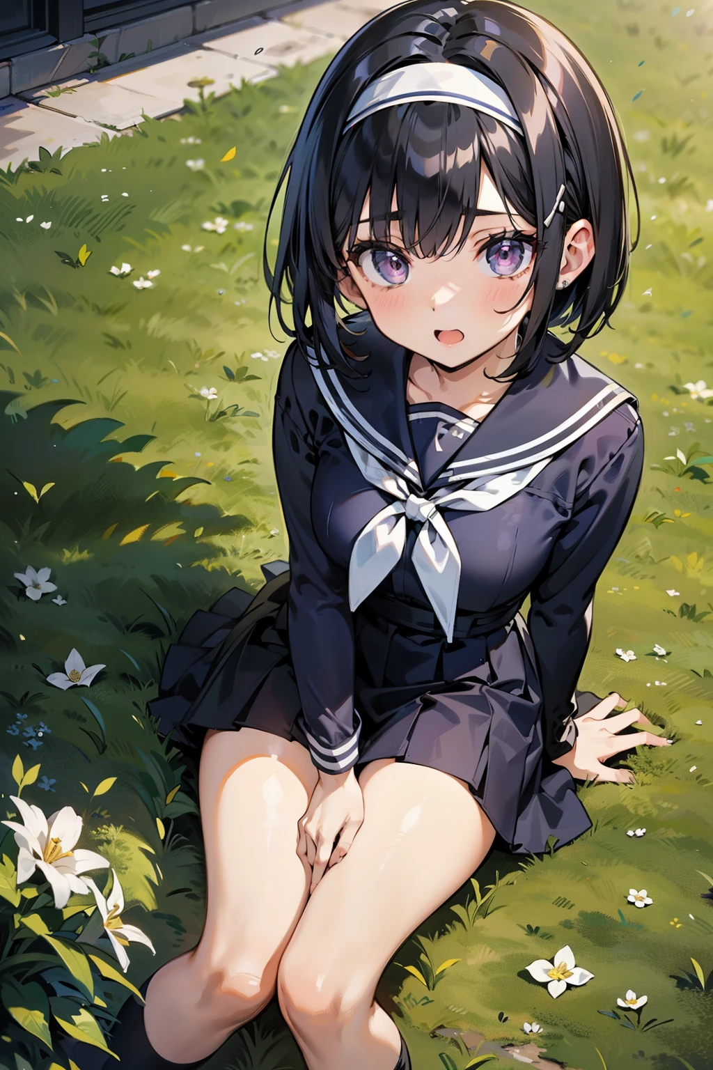 body 8 times longer than head, (Highly detailed CG unity 8k), (highest quality)，(very detailed)，(ultra high resolution), black hair, High school girl wearing a navy sailor suit, Anime 2D rendering, realistic young anime high school girl, ((White headband)), purple eyes, small breasts, tall, slanted eyes, (school scenery), black stockings, bright color, open your mouth, Dark blue skirt, bob cut, position looking down from above, bend your knees, sit, Put your butt on the ground, looking at the flowers blooming on the ground, 