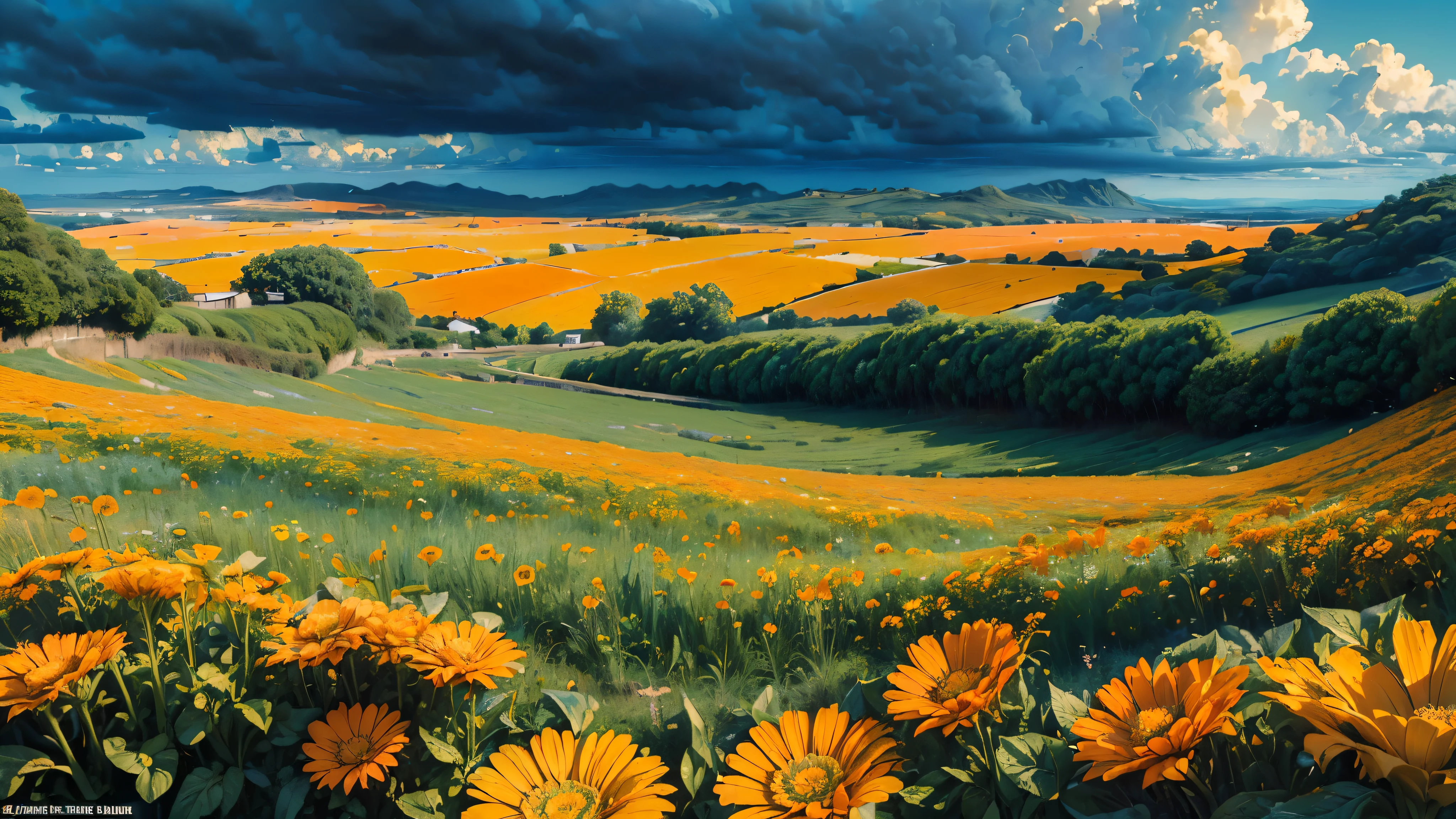 ((masterpiece:1.4), extreamly detailed, best quality, 8k, ultra hd), orange and blue colors, Calendula officinalis, orange flowers on the foreground, huge orange flower field, light blue sky, dark blue skies, stormy weather, calm atmosphere, green hills on the background, raindrops n the leaves, authentic, renessanse picture