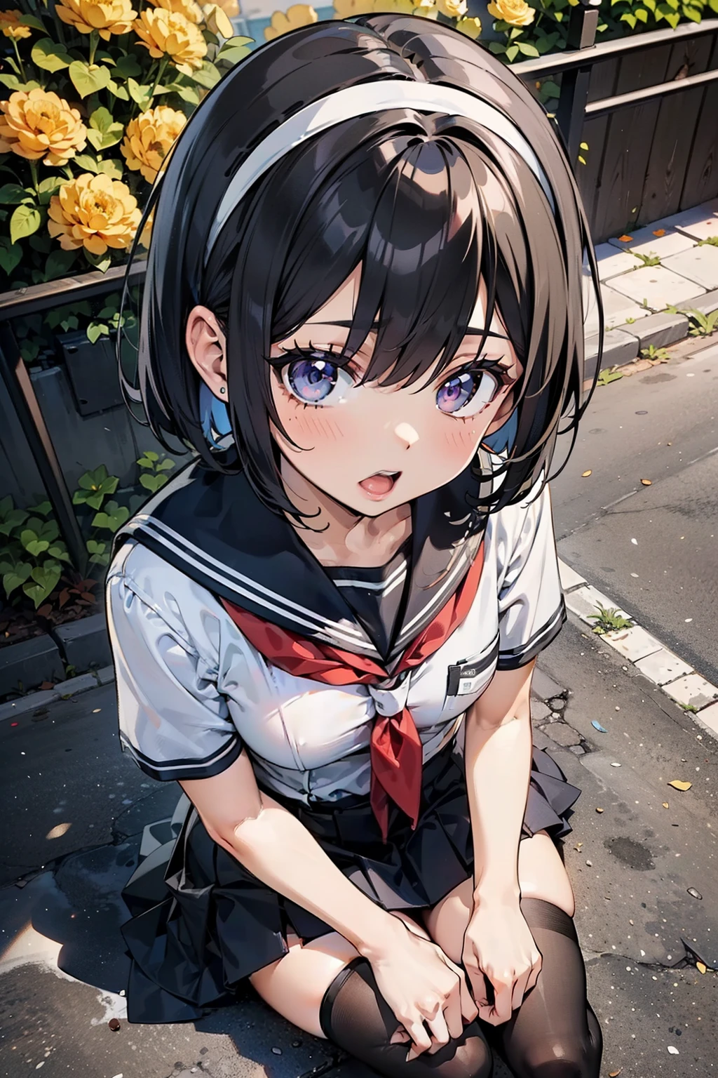 body 8 times longer than head, (Highly detailed CG unity 8k), (highest quality)，(very detailed)，(ultra high resolution), black hair, High school girl wearing a navy sailor suit, Anime 2D rendering, realistic young anime high school girl, ((White headband)), purple eyes, small breasts, tall, slanted eyes, (school scenery), black stockings, bright color, open your mouth, Dark blue skirt, bob cut, position looking down from above, bend your knees, sit,  flowers blooming on the ground, bend your knees, sit, Watching the flowers, 