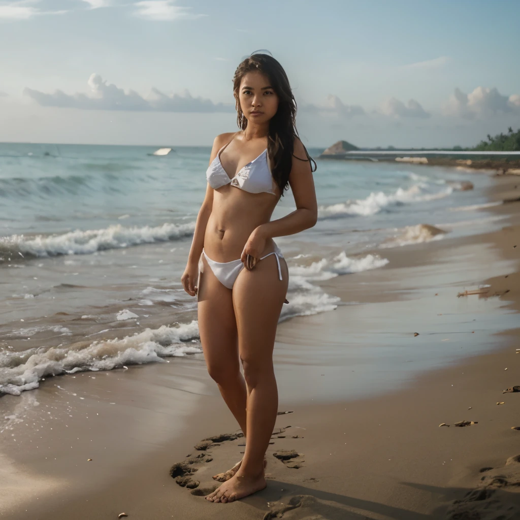 a woman in a white bikini posing for a picture, posing in a Chaung Tha beach, standing in sand, stand,on aa beach, standing in a beach, walking down in the sea,walking on the sand, Burma,Burmese cute girl,round face,very ealistic asian burma girl, so realistic,hight resolution ,best quality photograph,18k resolution