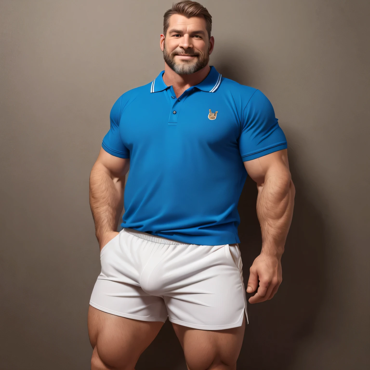 handsome mature man, white man, (37yo), (wearing short shorts and polo shirt), beefy, hunky, muscled, bulge, beard, (detailed face), (no_background), front view, still pose, smirk:0.2, medium wide shot, detailed face, high resolution