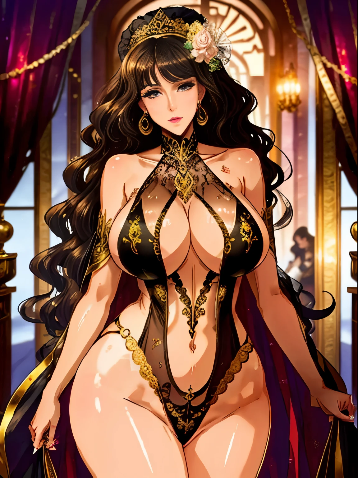 curls，Eyes are very delicate，Delicate hair color，（（Black and gold sheer lace dress）），huge tits，Overmuch，big and droopy，big titietra big ， （（（masterpiece）））， （（best quality））， （（intricate details））， （（Surreal））