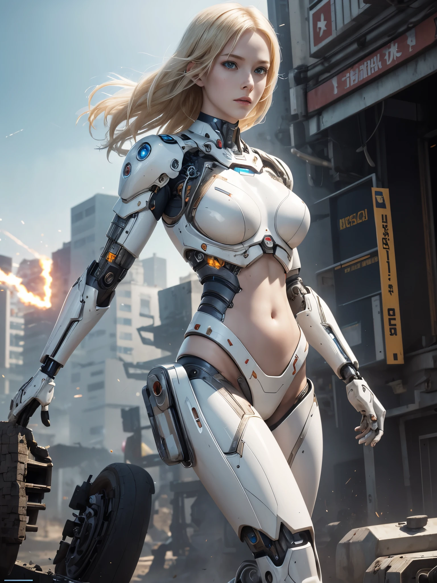 a cyborg girl, realistic cyborg girl, in the middle of battlefield, open air, detail realistic, porcelain skin, very pale skin, very beautiful, blonde hair, some scratch on skin, some dents on mech, many mechanical body organs, expose chest and belly, hands and legs are cyborg full-body, background battlefield, some explosions and blast