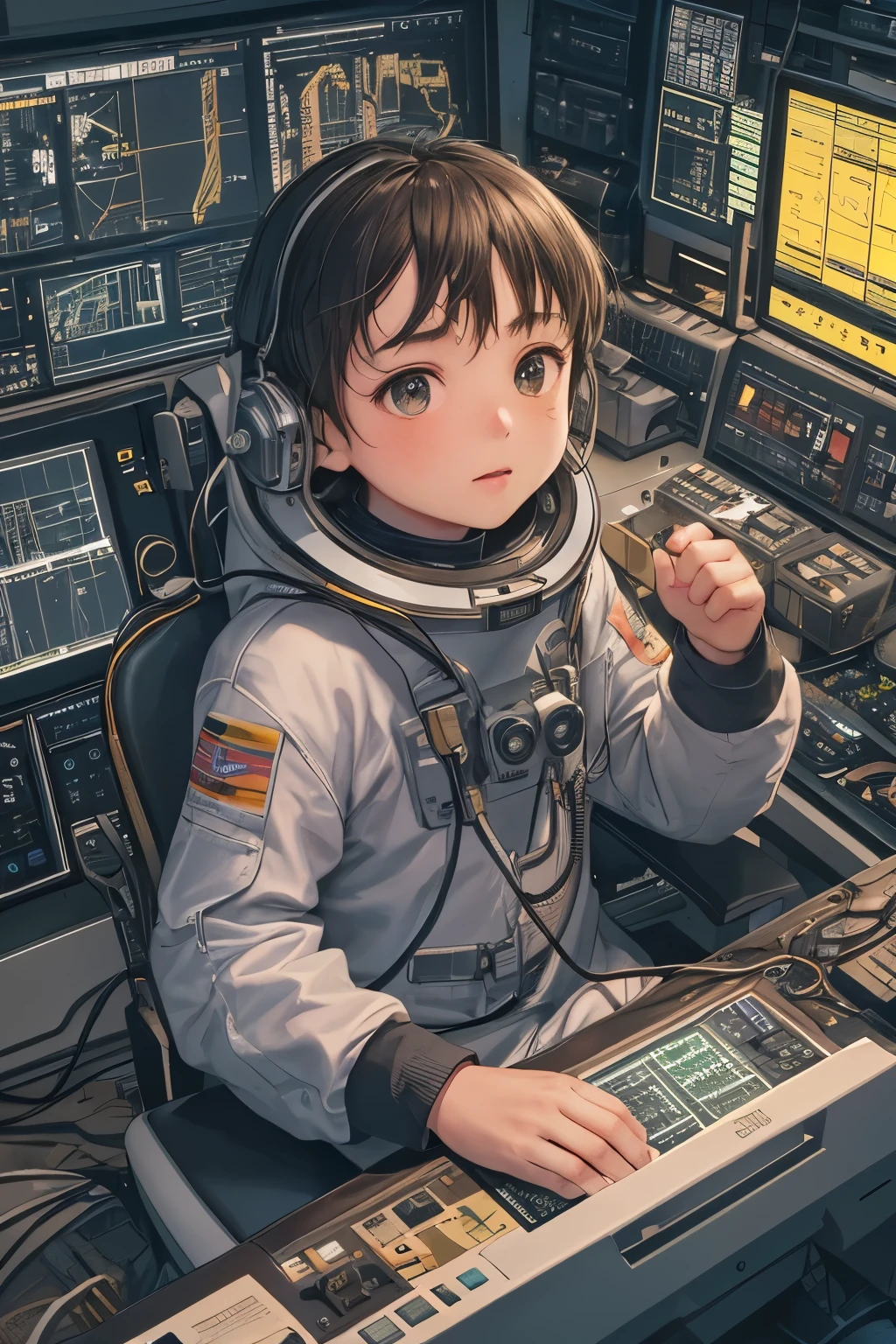 Ultra-detailed and hyper-realistic, the image presents an astronaut ??? intently sitting at his control board, surrounded by an intricate array of blinking lights and complex machinery. The ???'s youthful face is depicted with sharp focus and exceptional detail, his eyes wide and fixed on the various readouts and indicators before him. Sweat beads on his forehead as his brows furrow in concentration, a testament to the tension and importance of the situation.

The control room is bathed in a soft, ambient glow, casting long, dynamic shadows that accentuate the depth and texture of every component and surface. Wires and cables snake their way across the panel, connecting to various