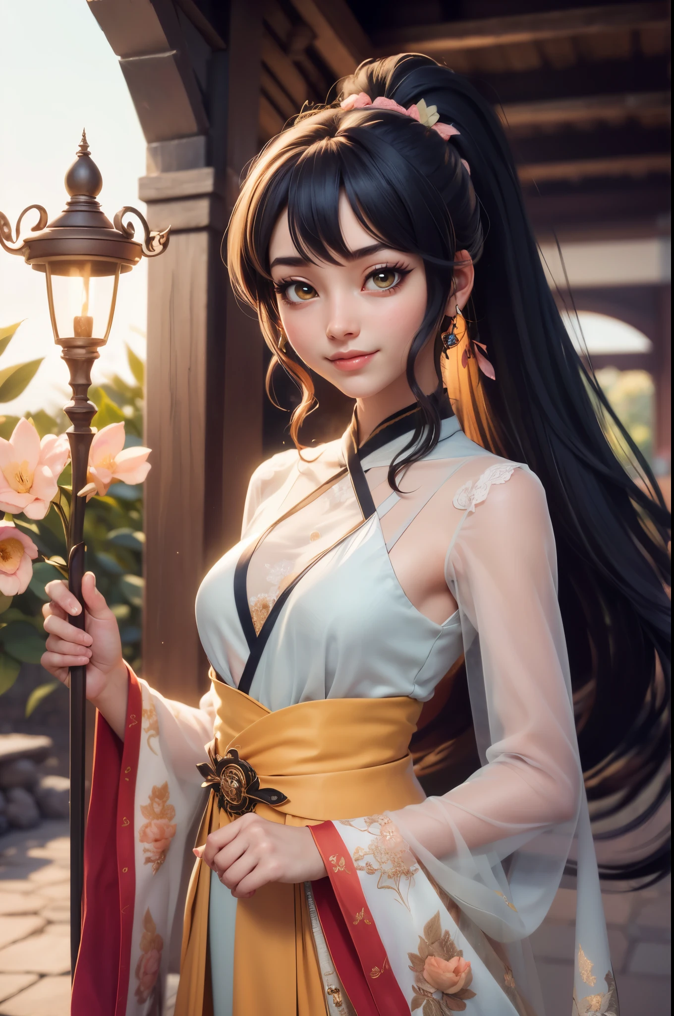 Beautiful girl, black hair in a ponytail, bangs, hair accessory, wearing glasses, bright smile, small breasts, slim waist, ((wearing a (see-through) hanfu with intricate layers of details (pastel yellow))), outfit Swaying in the wind, holding a green jade staff, dancing, seductive, the backdrop is an island with only peach trees in full bloom, many peach petals fluttering, morning light, anime, high quality