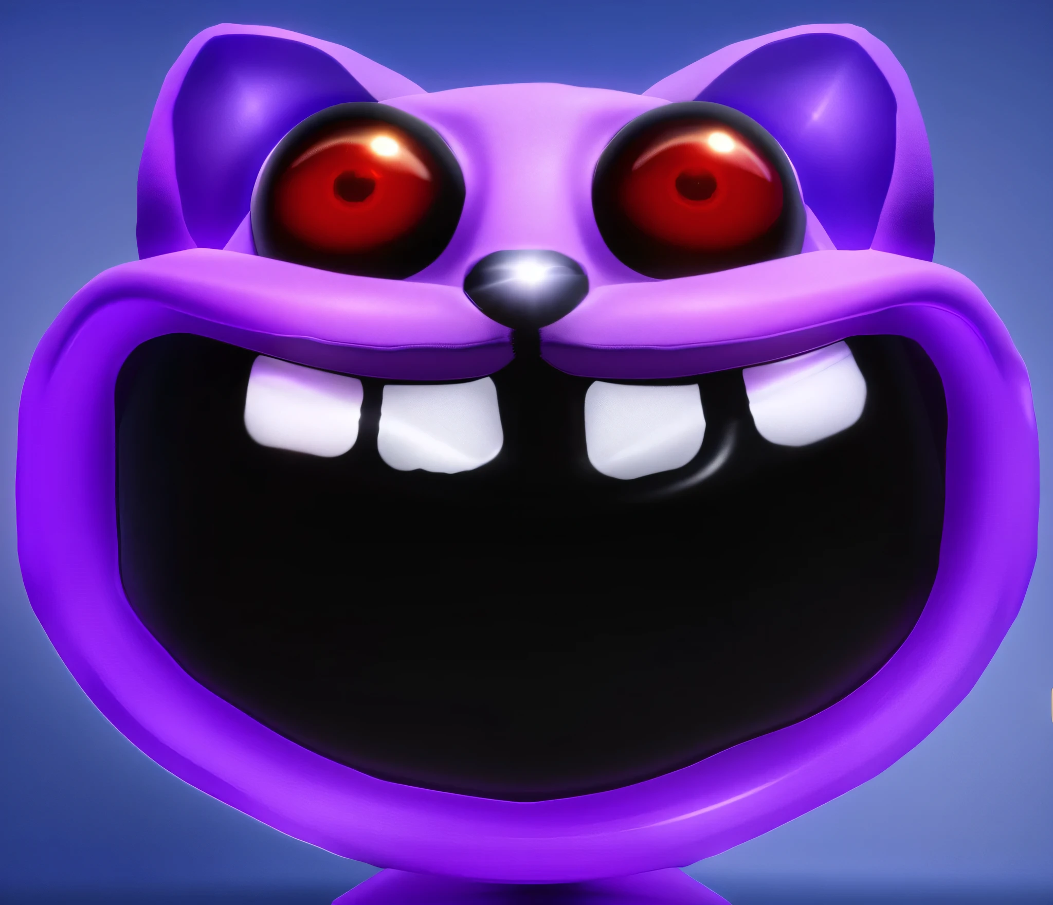 3D rich contrast bright purple round smooth purple glossy cat with a big mouth and black shiny eyes glossy purple cat with a big mouth and black shiny eyes glossy texture, smooth 3d model, Multiple light sources, rim light, sharp rendering of post-effects, (Glossy metal texture with many large refractions of light probes), perfect CG, Anthropomorphic cat, Digital art, detailed Digital art, specular, Best quality, 4K, masterpiece:1.2, ultra detailed, Realistic, bright colors, dark and moody lighting, highest quality image, ensuring every detail is showcased perfectly. It in 4K resolution, allowing viewers to be immersed in the richness of colors and intricate details. The Realistic rendering. in the spotlight, specular, High-resolution image, Realistic rendering, dark background, and rim light