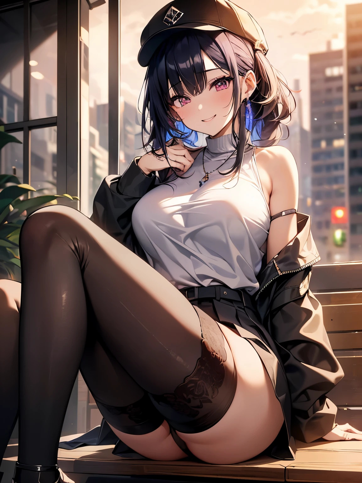 (masterpiece、very detailedな、intricate details、 sharp focus、 8K、被写界深度masterpiece、very detailed、intricate details、sharp focus 被写界深度、ultra high resolution:1.3、1 female、modern:1.3、solo:1.3、whole body)、(outdoor、city、apartment、sunset、beautiful sky、illuminate)、high ponytail、shirt:1.3、skirt、black tights、sneakers、bag、hat、very complicated clothes、very detailedな服、black hair、the tips of the hair are purple、pink eyes、Pause、big breasts、smile、Grins、Do not put out teeth、blush、wet、perfect body