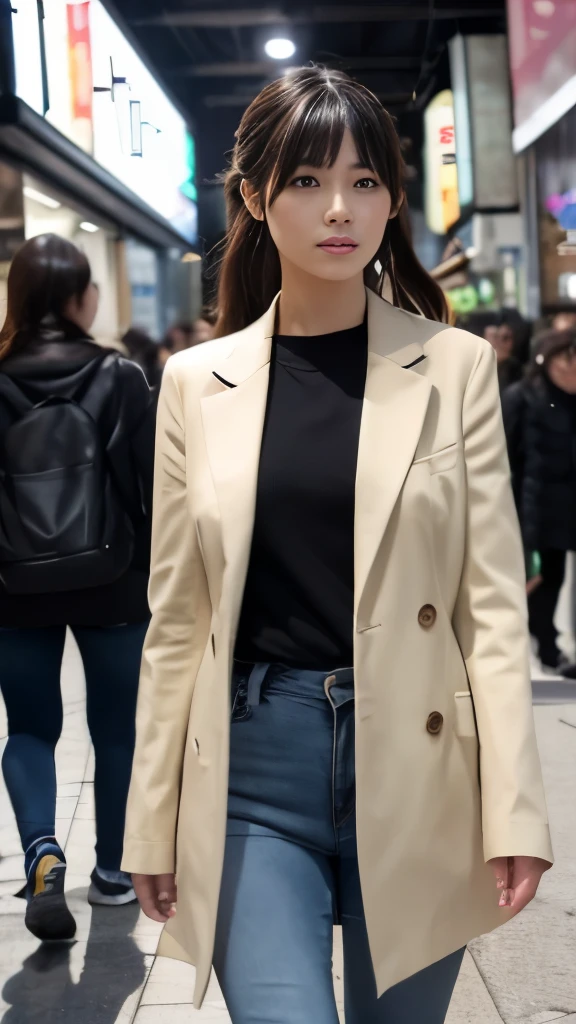 High-quality, realistic full-body image of a focused 28-year-old Japanese female detective assistant, following a suspect. She is camera-facing with her face subtly lit. She blends into the crowd with a neutral-toned jacket, dark jeans, practical sneakers, and a watchful, alert expression. Her hair is pulled back in a ponytail for practicality, and she wears minimal makeup with an emphasis on natural features.