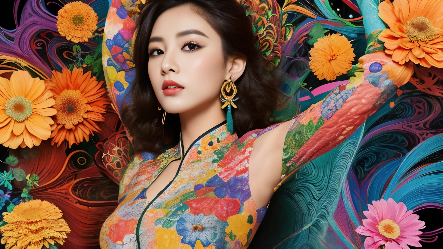 (masterpiece, top quality, best quality, official art, beautiful and aesthetic:1.2), (1girl:1.3), extremely detailed,(fractal art:1.1),(colorful:1.1)(flowers:1.3),highest detailed,(zentangle:1.2), (dynamic pose), (abstract background:1.3), (chinese Traditional cloth:1.2), (shiny skin), (many colors:1.4), ,(earrings:1.4),